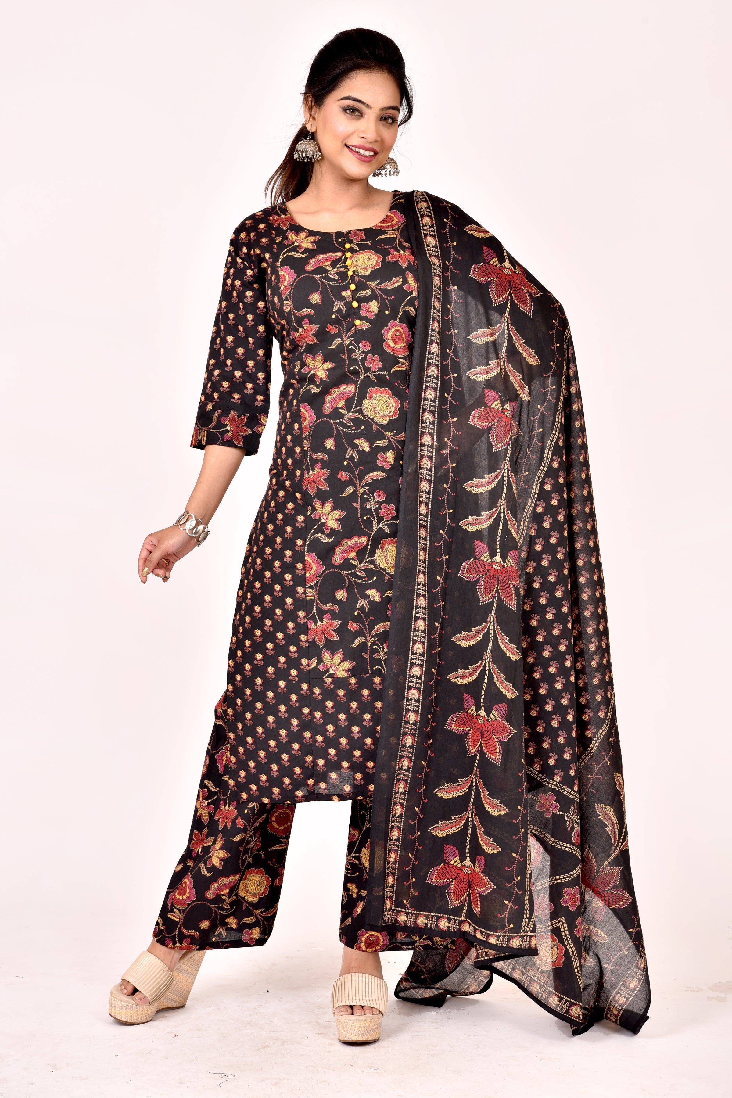 Black Mix-Match Floral Print Kurta With Pant & Dupatta