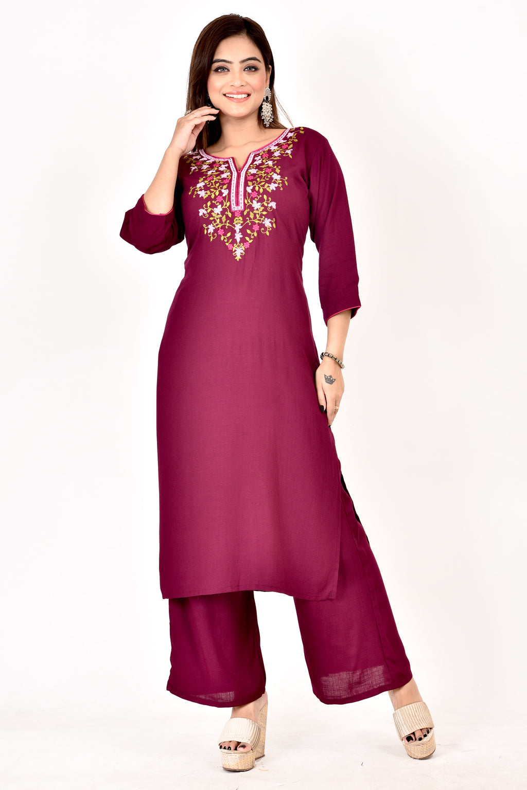 Purple Floral Embroidered Kurta With Palazzo