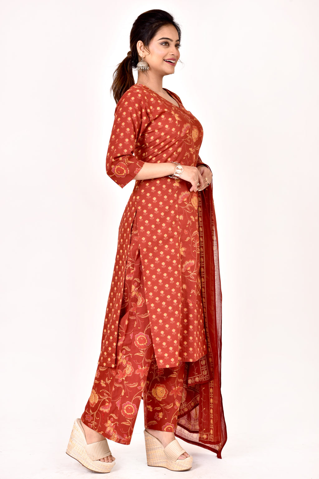 Brick Red Mix-Match Floral Print Kurta With Pant & Dupatta
