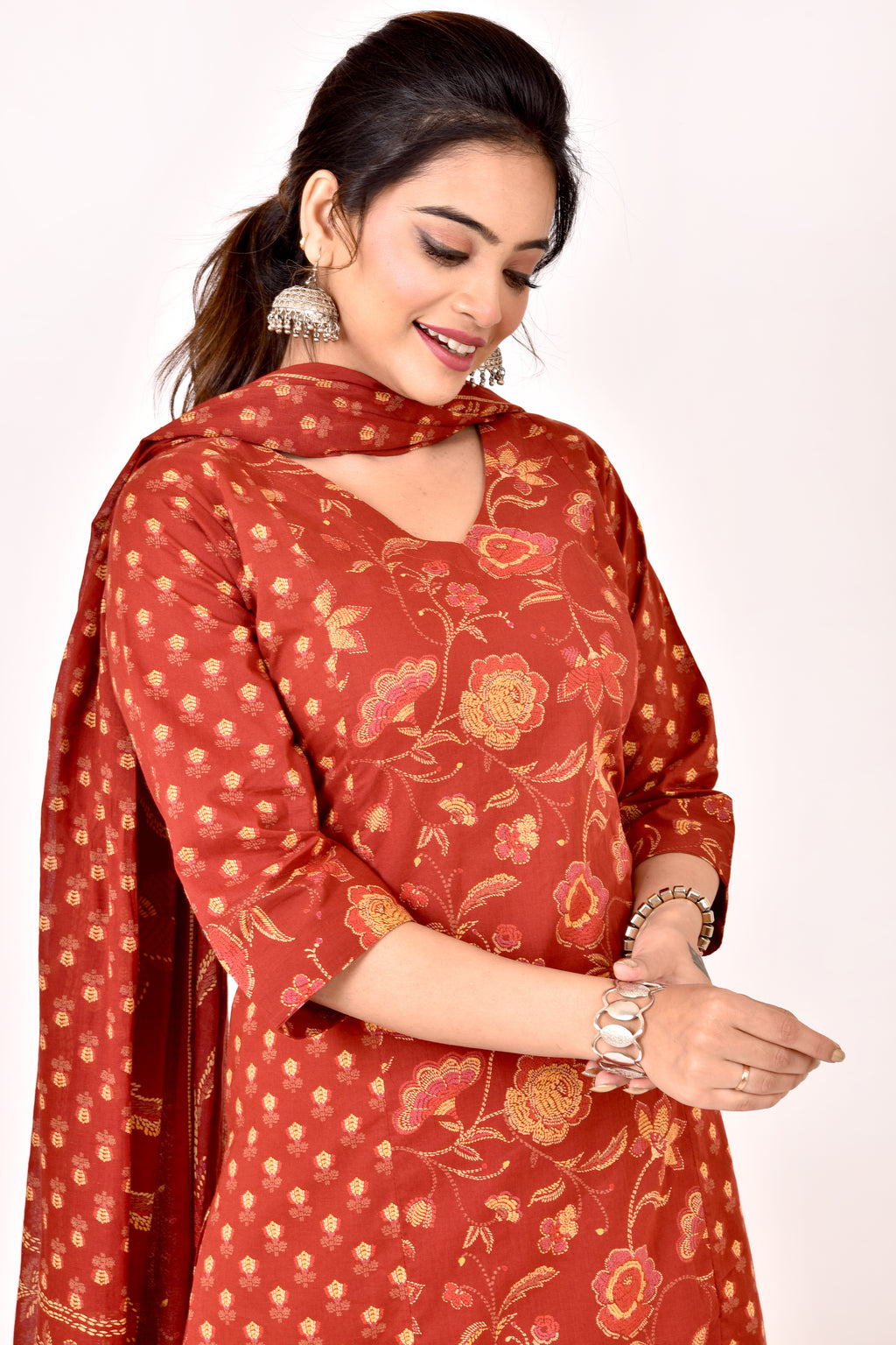 Brick Red Mix-Match Floral Print Kurta With Pant & Dupatta