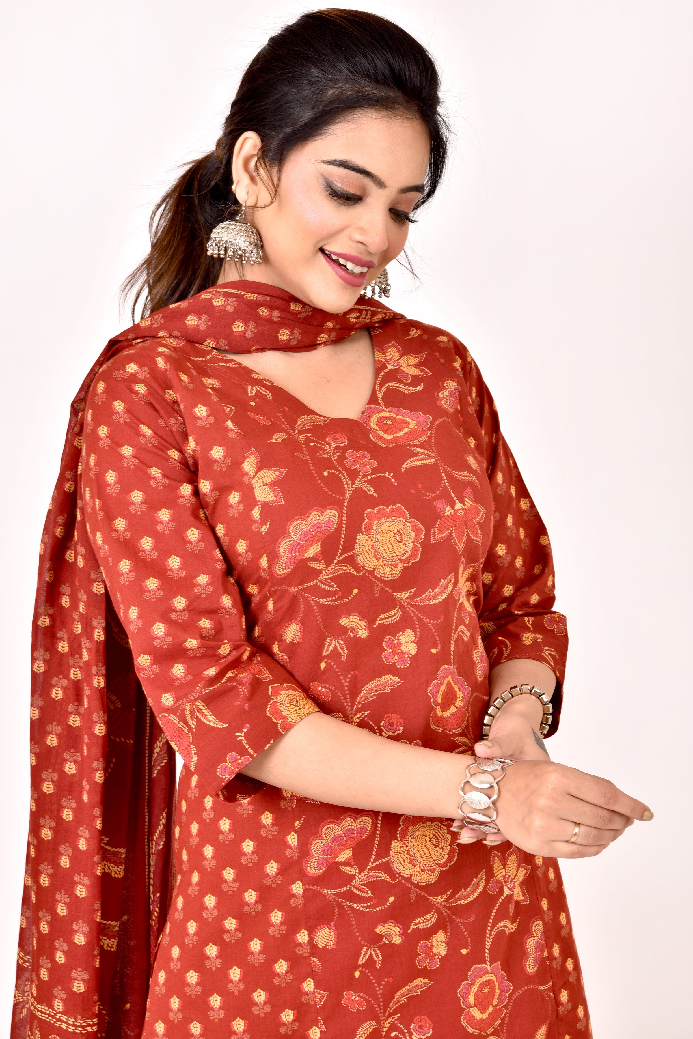 Brick Red Mix-Match Floral Print Kurta With Pant & Dupatta