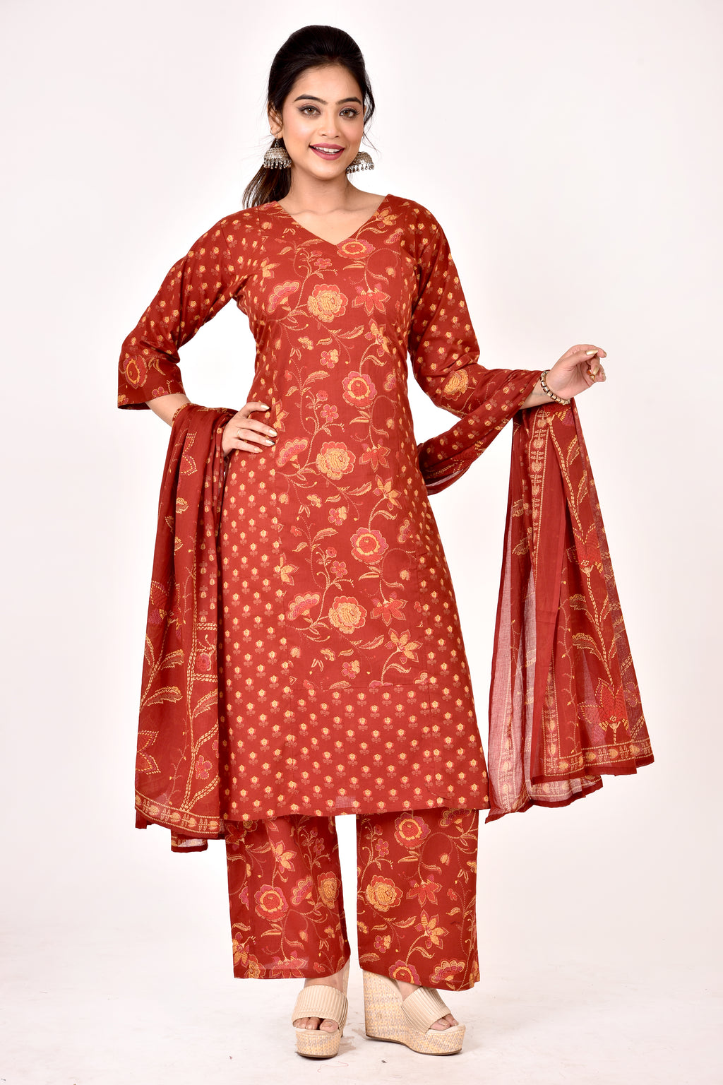 Brick Red Mix-Match Floral Print Kurta With Pant & Dupatta