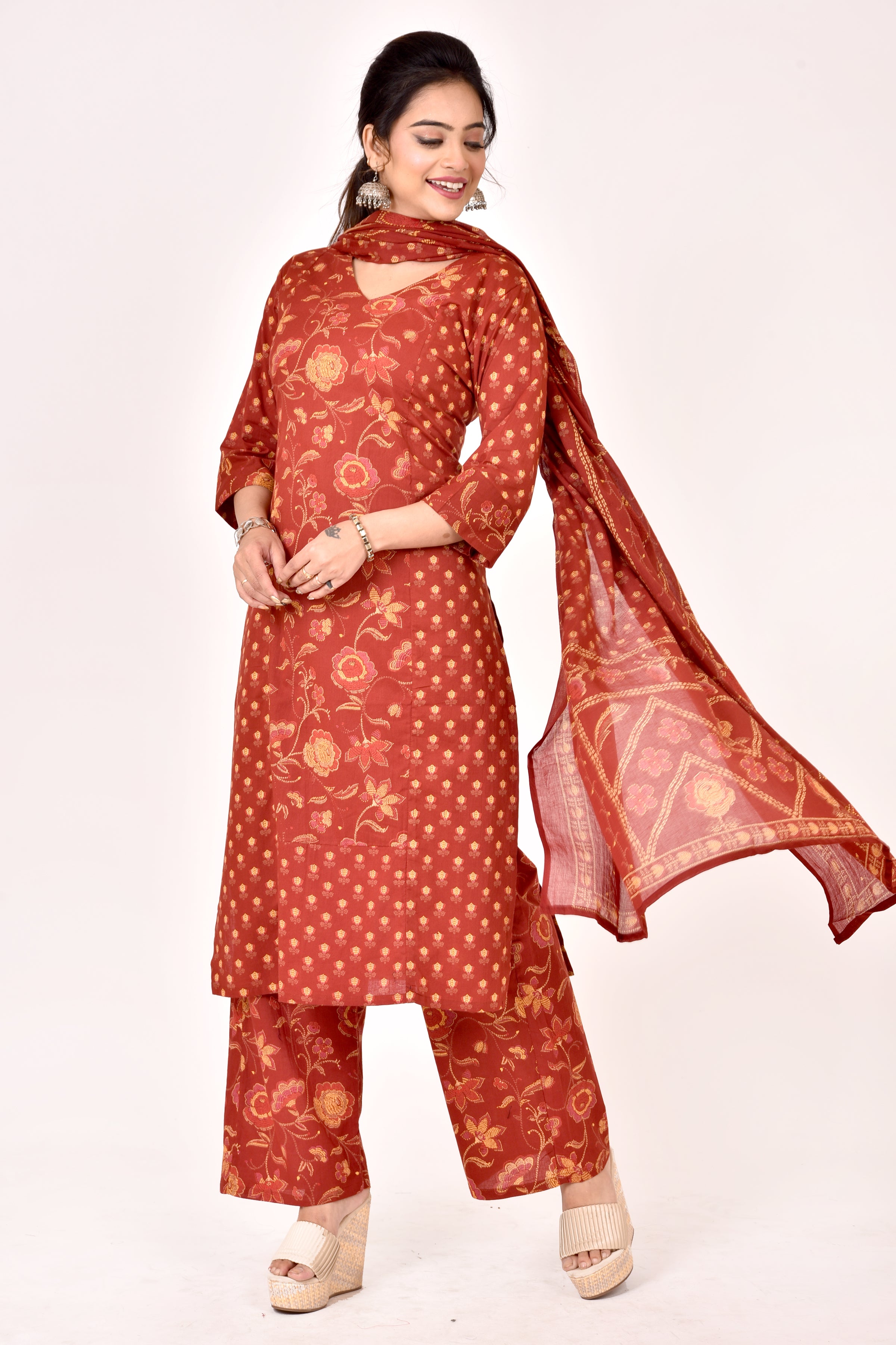 Brick Red Mix-Match Floral Print Kurta With Pant & Dupatta