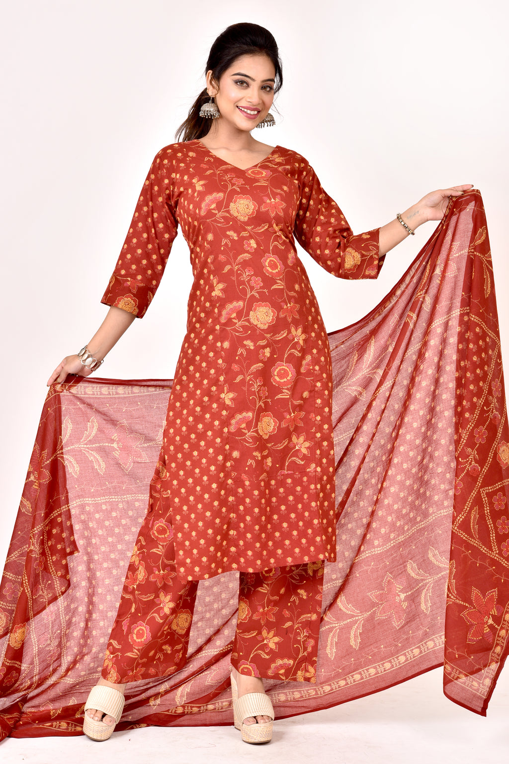 Brick Red Mix-Match Floral Print Kurta With Pant & Dupatta