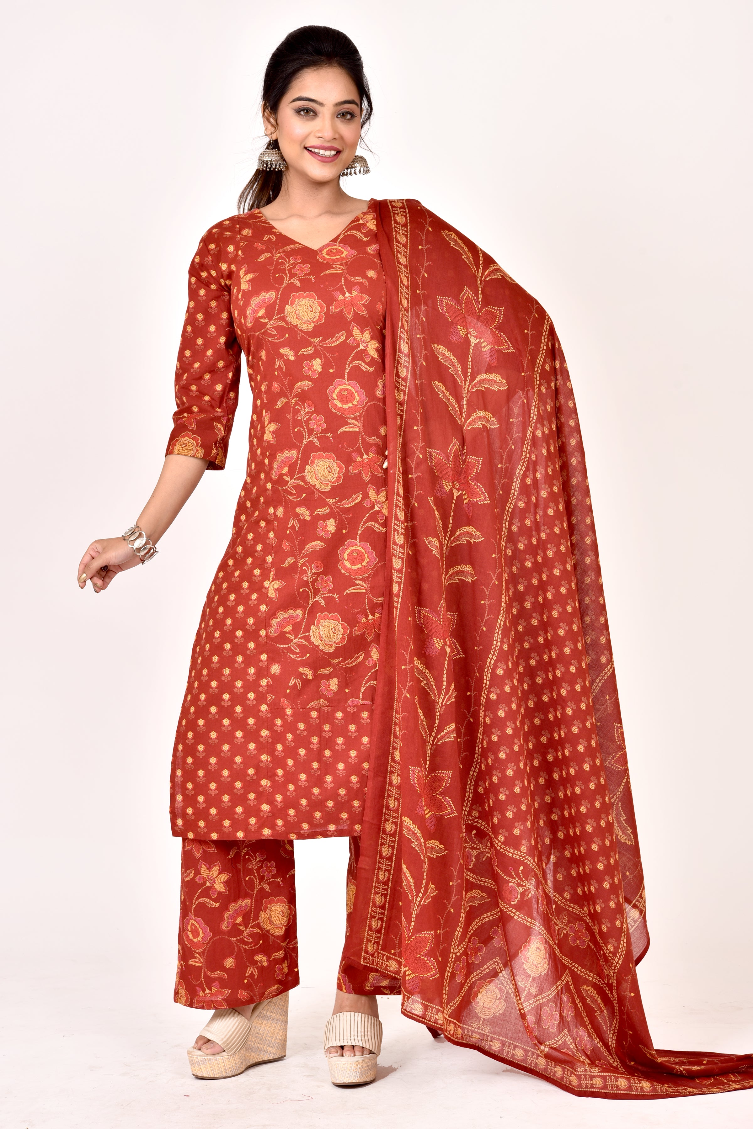 Brick Red Mix-Match Floral Print Kurta With Pant & Dupatta