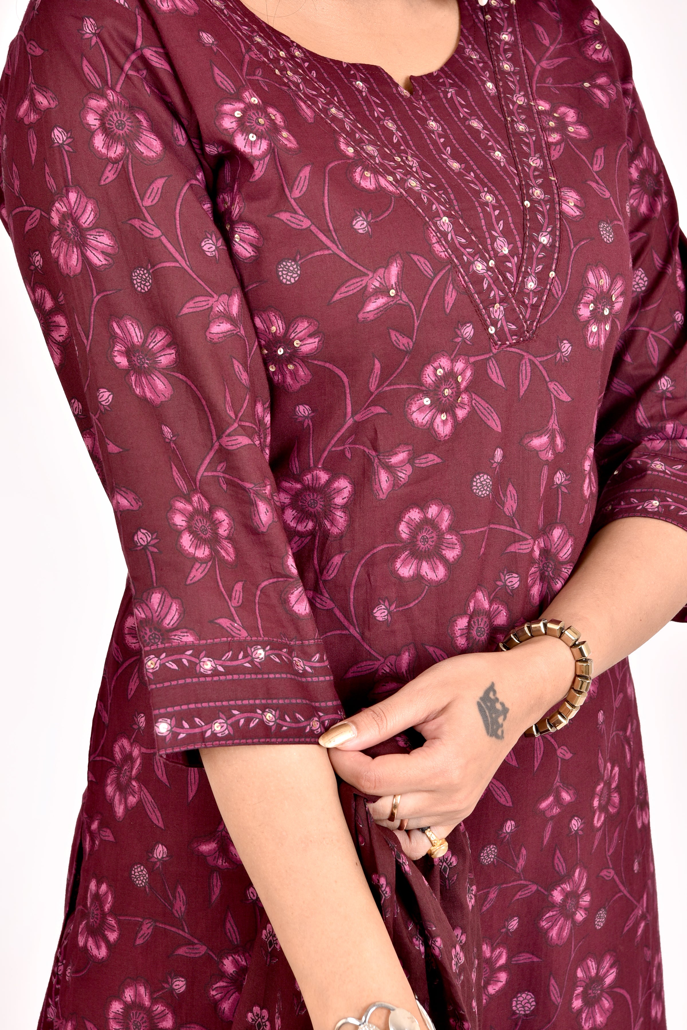 Burgundy Floral Print Hand Embroidered Kurta With Pant