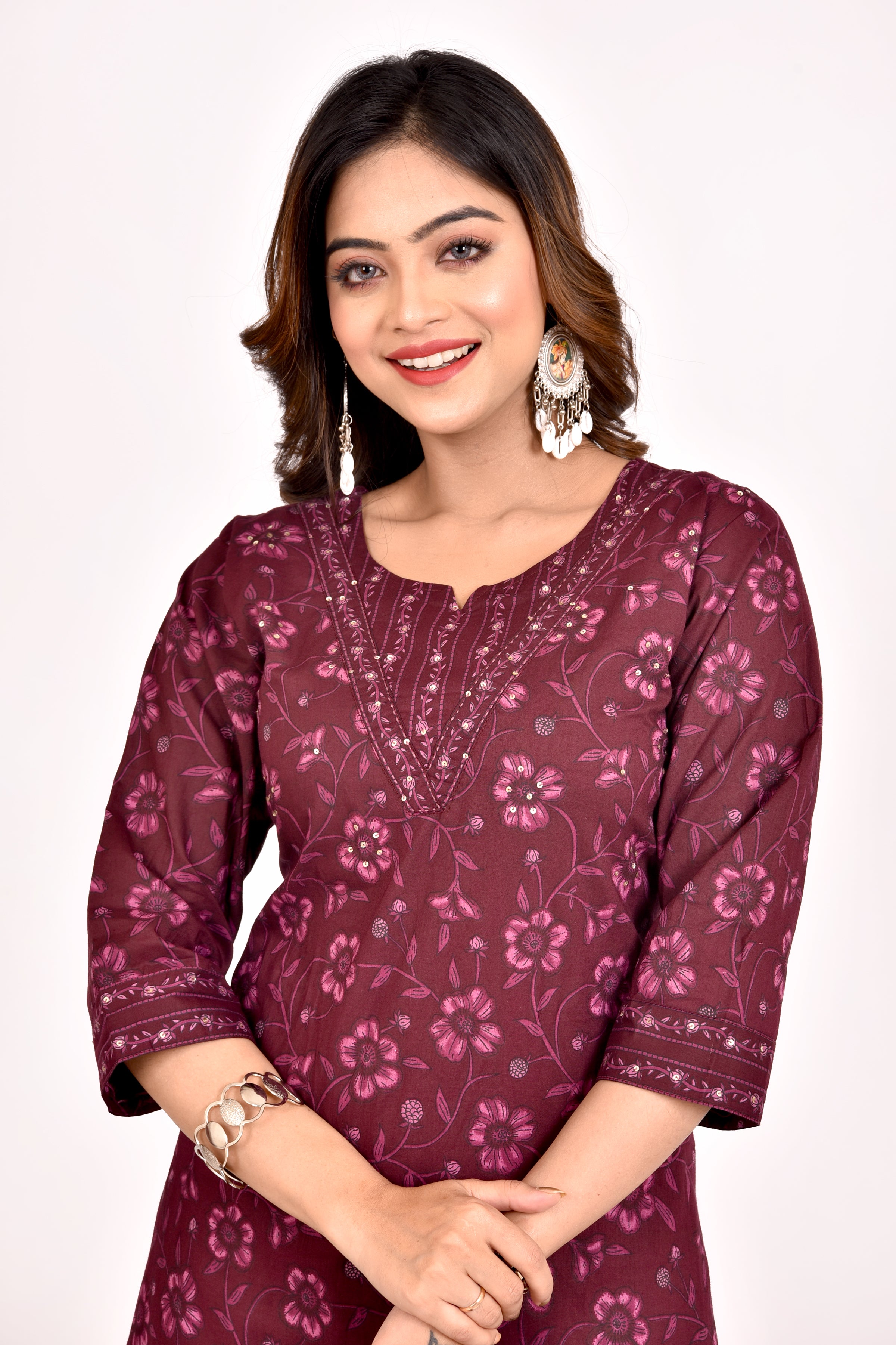 Burgundy Floral Print Hand Embroidered Kurta With Pant