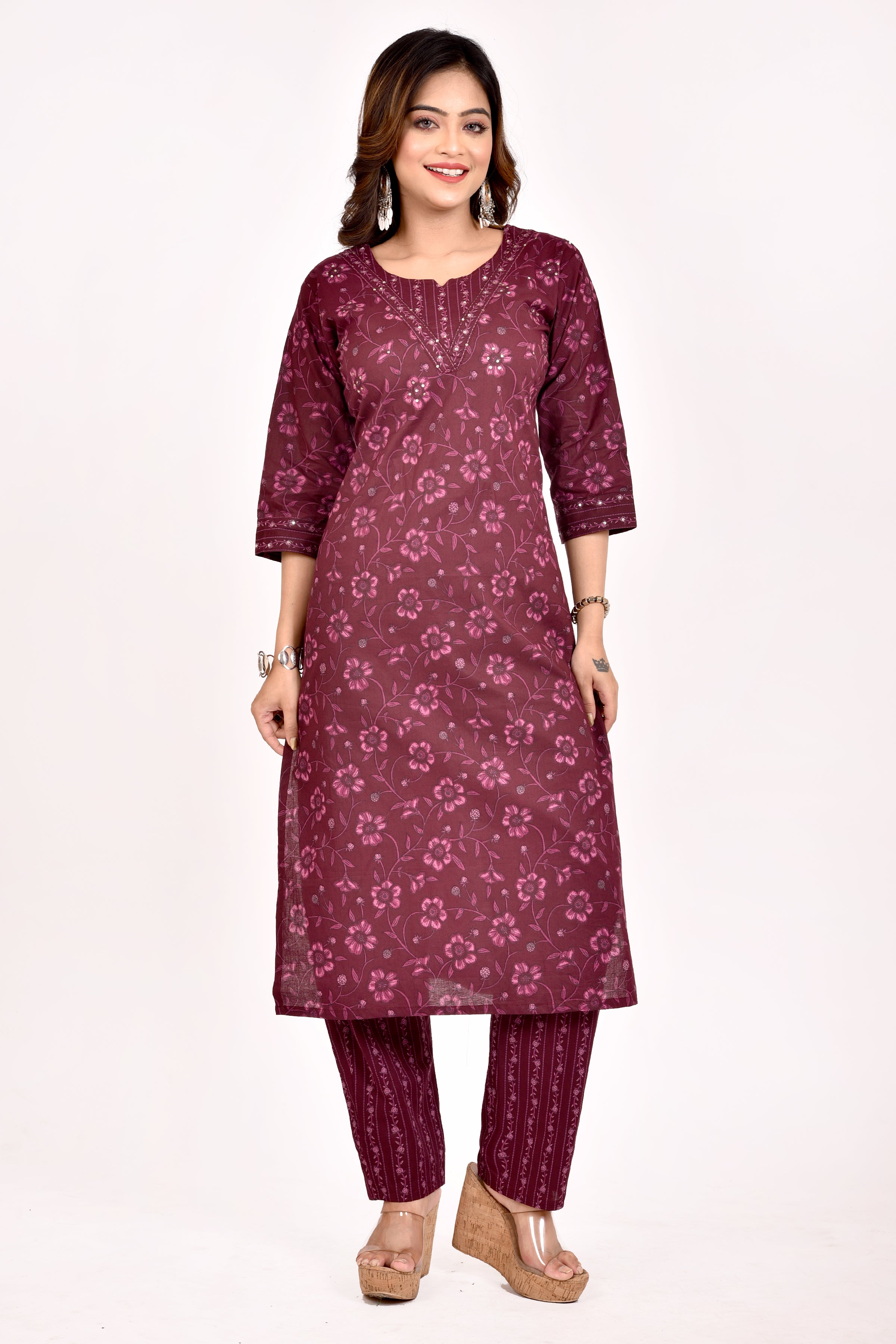 Burgundy Floral Print Hand Embroidered Kurta With Pant