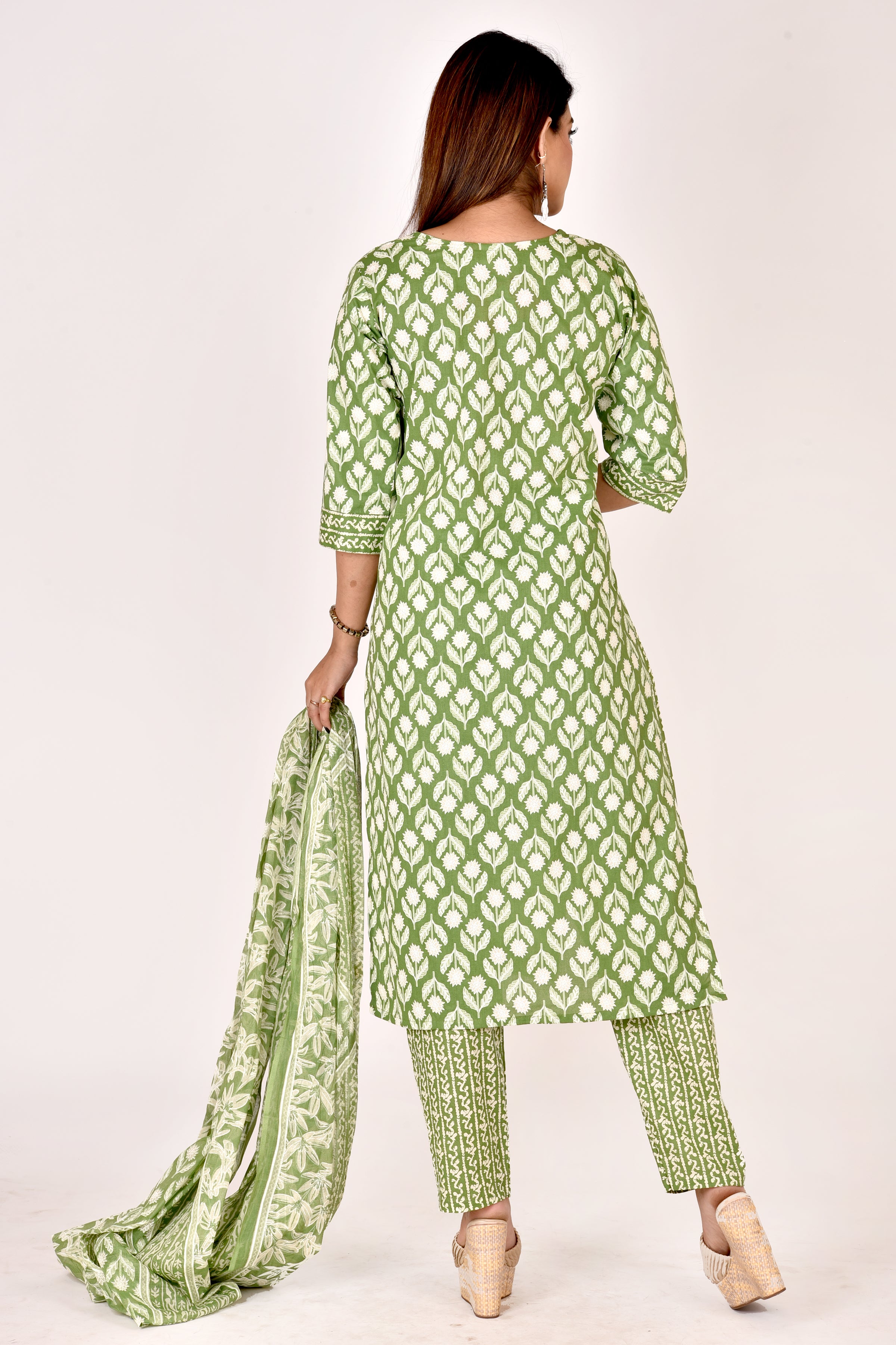 Green Embroidered Kurta With Pant & Dupatta