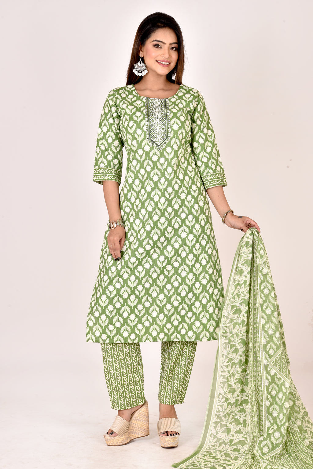Green Embroidered Kurta With Pant & Dupatta
