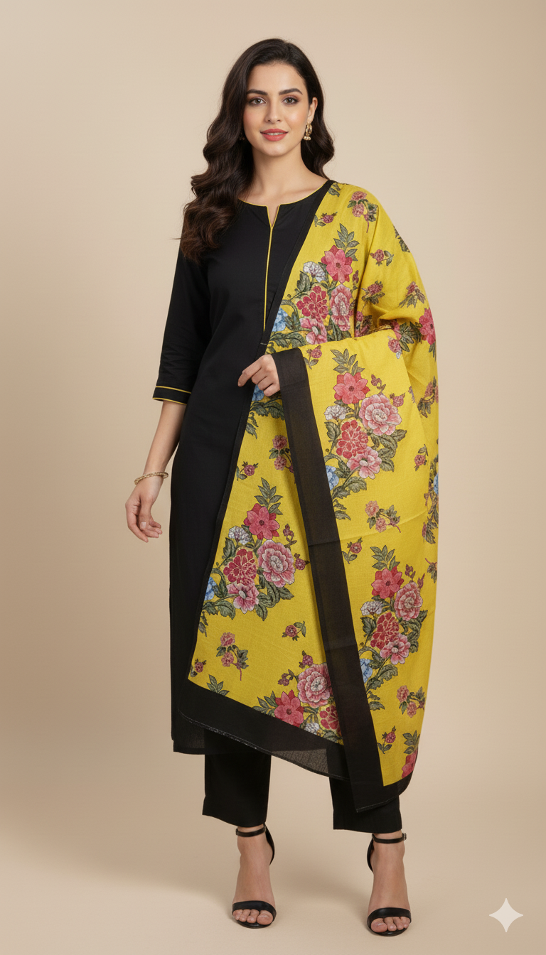 Jet Black Kurta With Pant & Dupatta