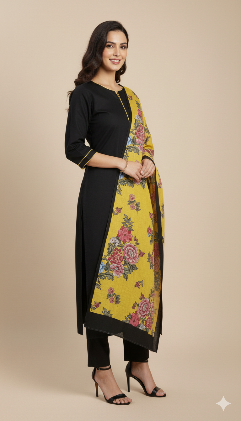 Jet Black Kurta With Pant & Dupatta