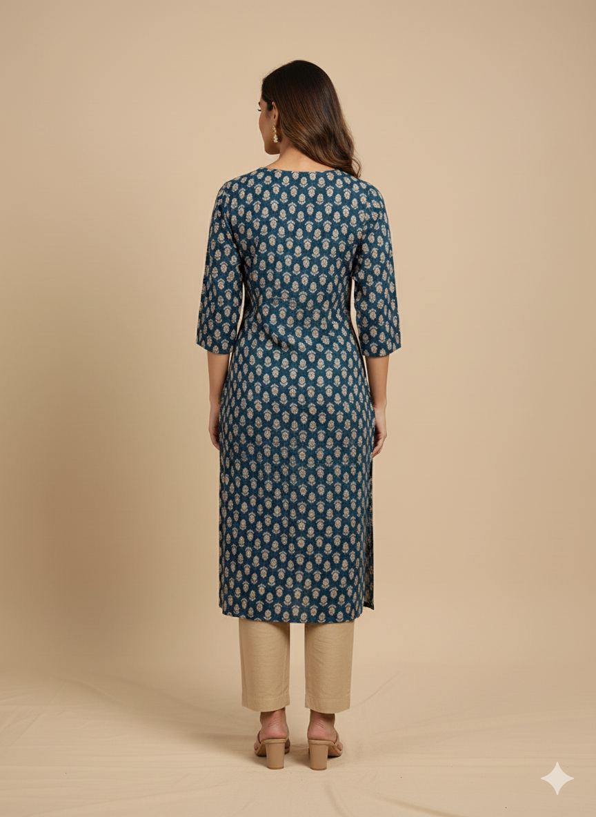 Teal Blue Floral Print Straight Kurta
