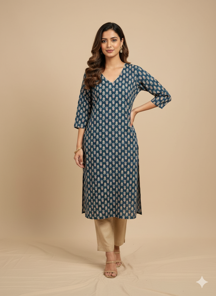 Teal Blue Floral Print Straight Kurta