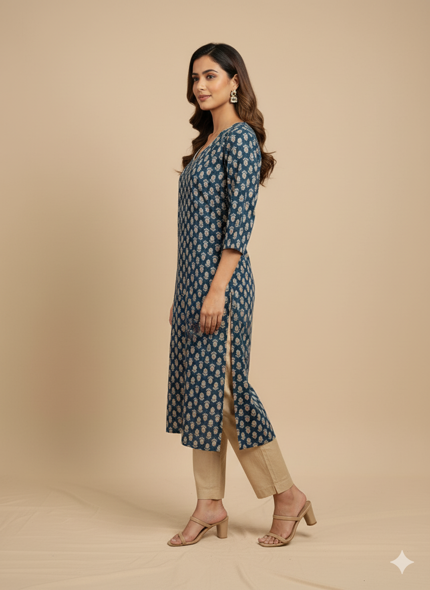 Teal Blue Floral Print Straight Kurta