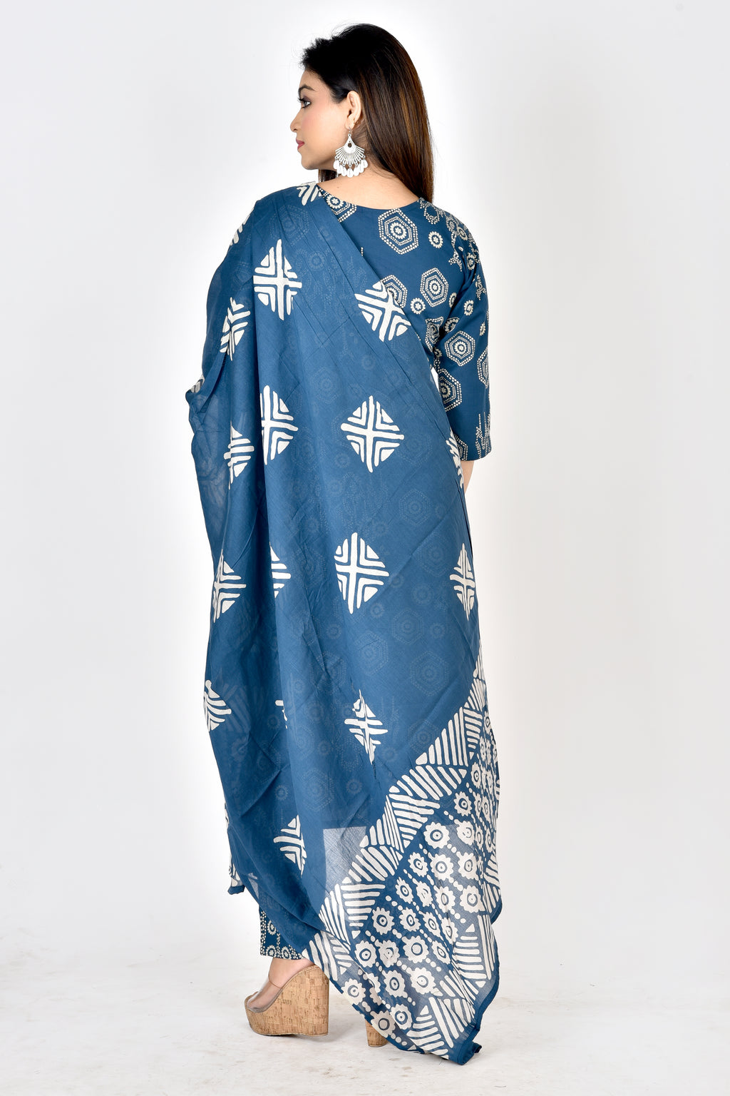 Teal Blue Geometric Print V- Neck Kurta With Pant & Dupatta