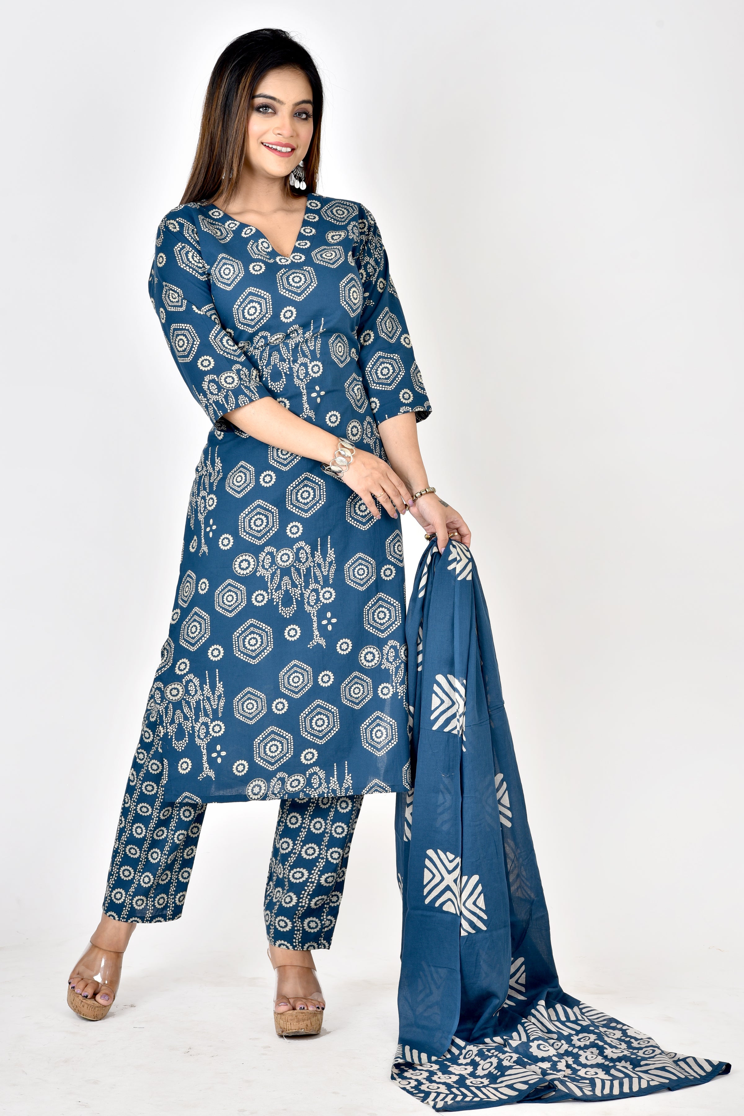 Teal Blue Geometric Print V- Neck Kurta With Pant & Dupatta