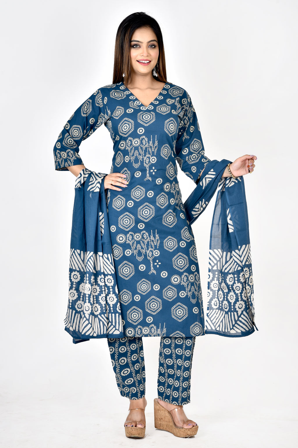 Teal Blue Geometric Print V- Neck Kurta With Pant & Dupatta