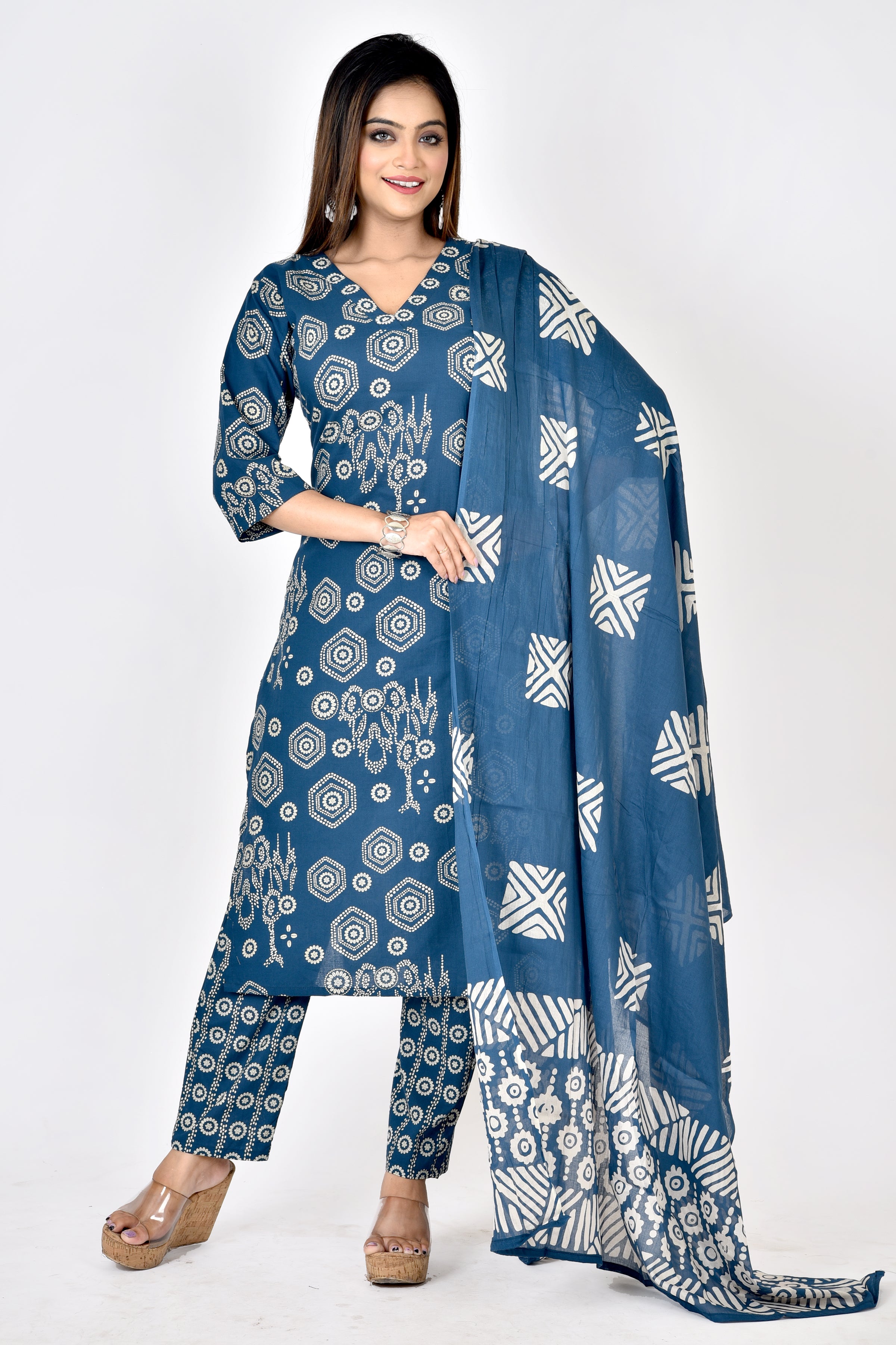 Teal Blue Geometric Print V- Neck Kurta With Pant & Dupatta