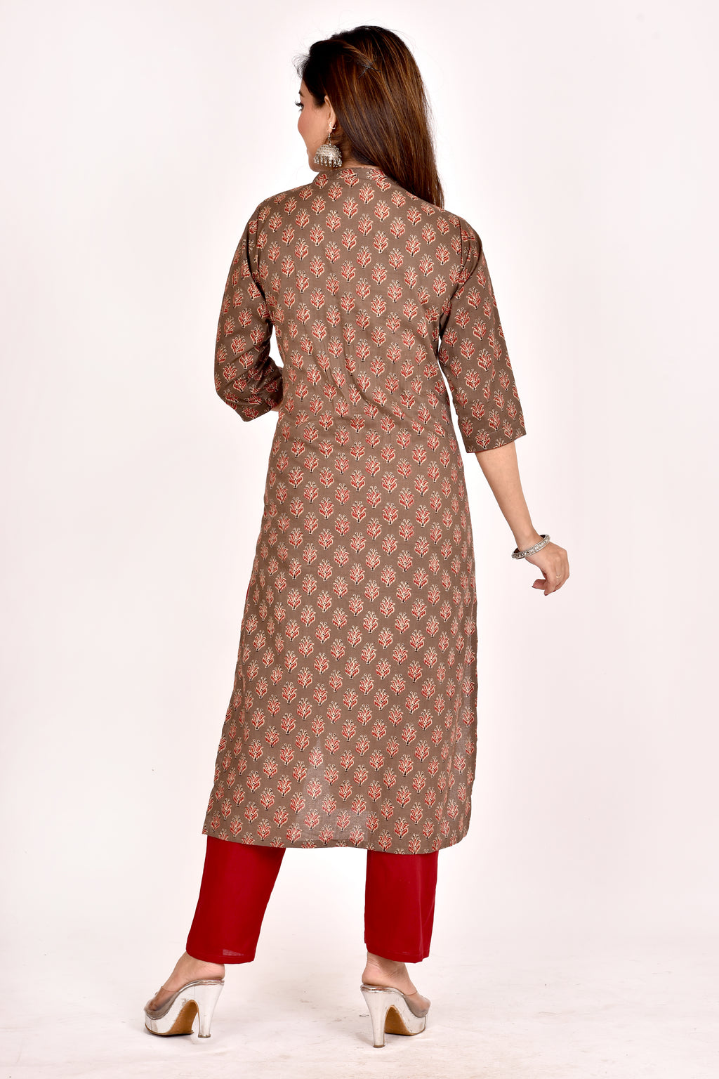 Grey Brown Floral Print Straight Kurta