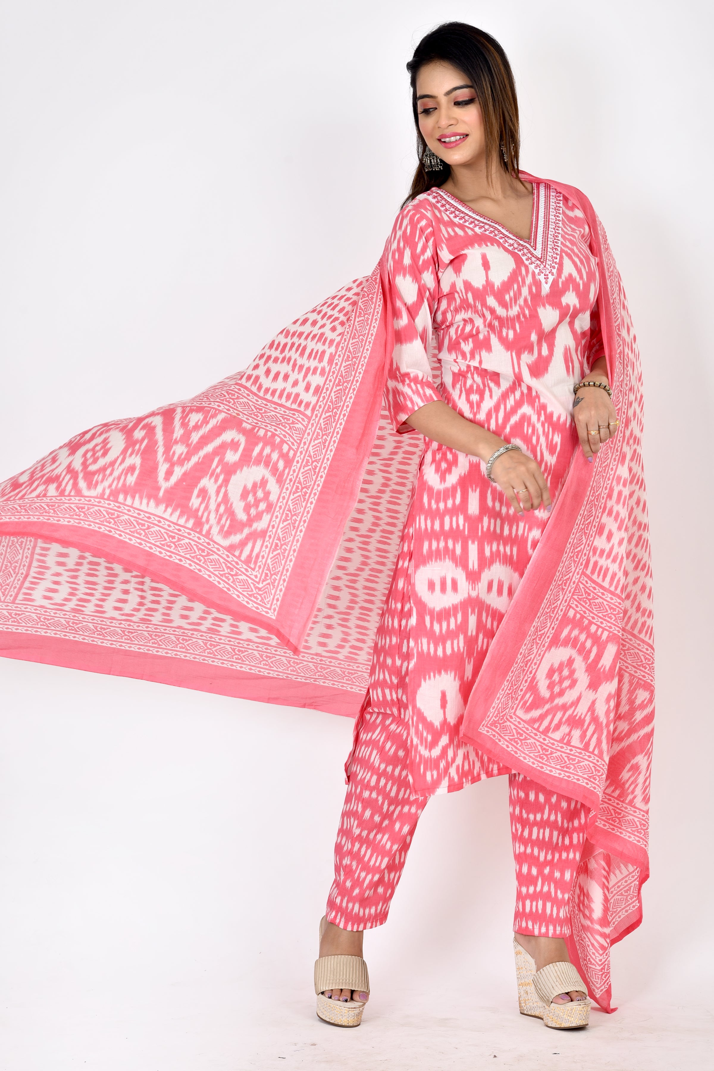 Pink Embroidered Kurta With Pant & Dupatta