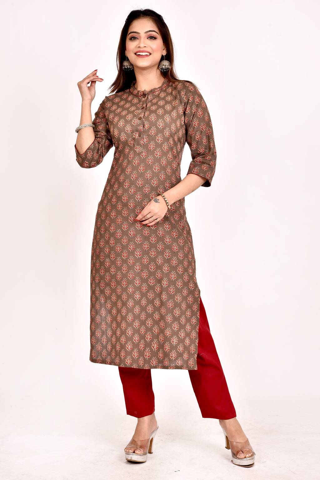 Grey Brown Floral Print Straight Kurta