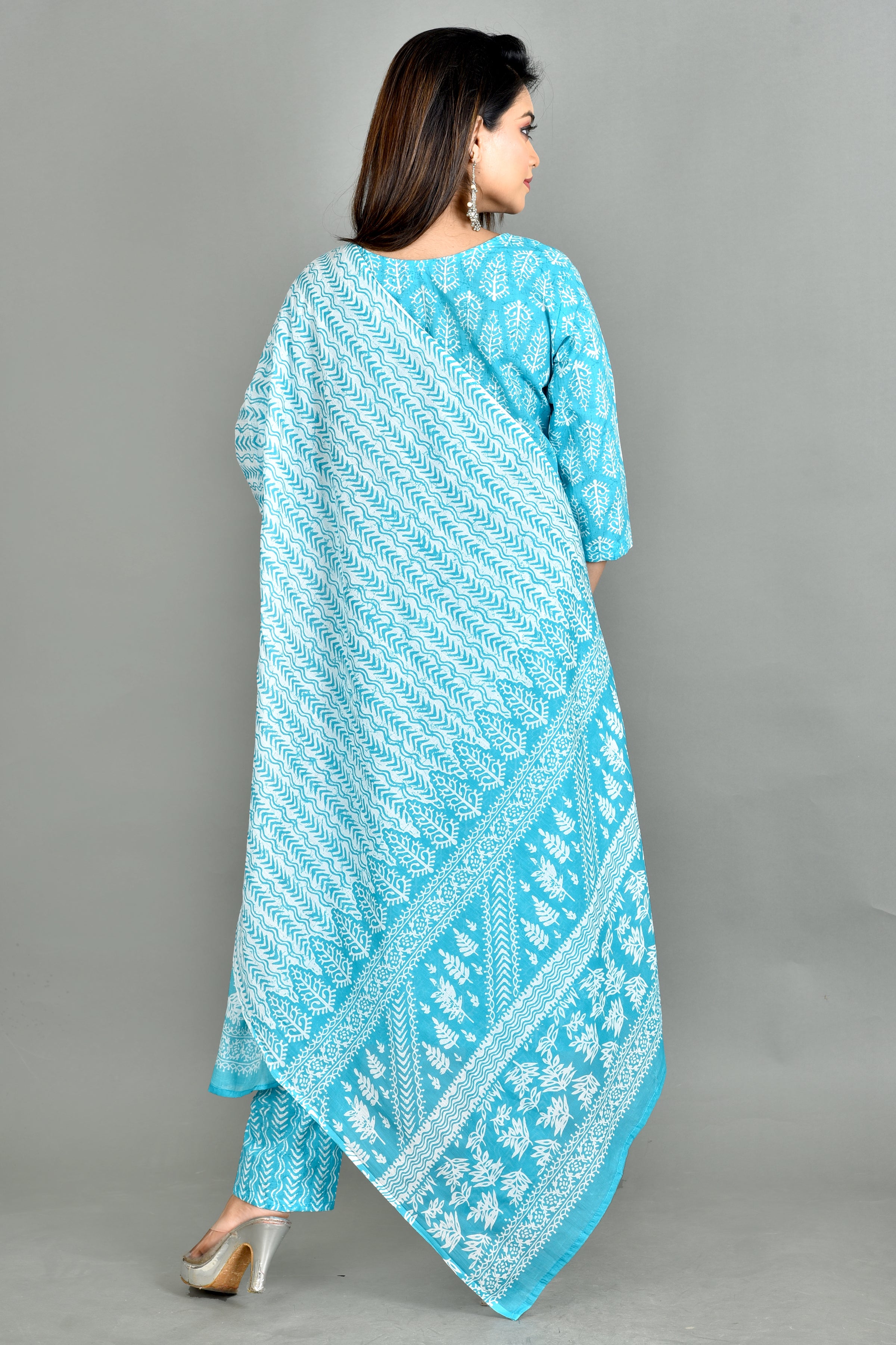 Aqua Blue Embroidered Kurta With Pant & Dupatta