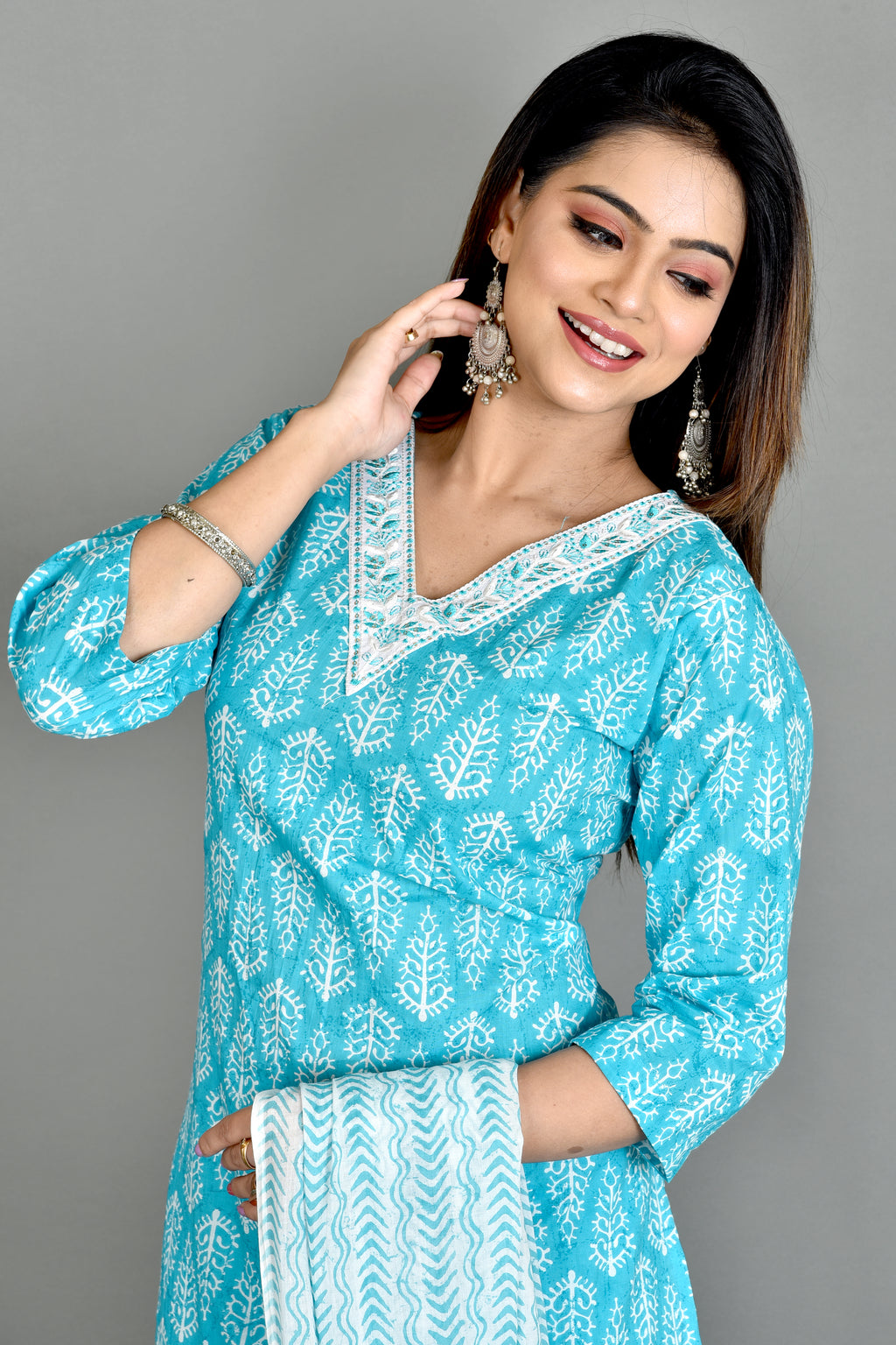 Aqua Blue Embroidered Kurta With Pant & Dupatta