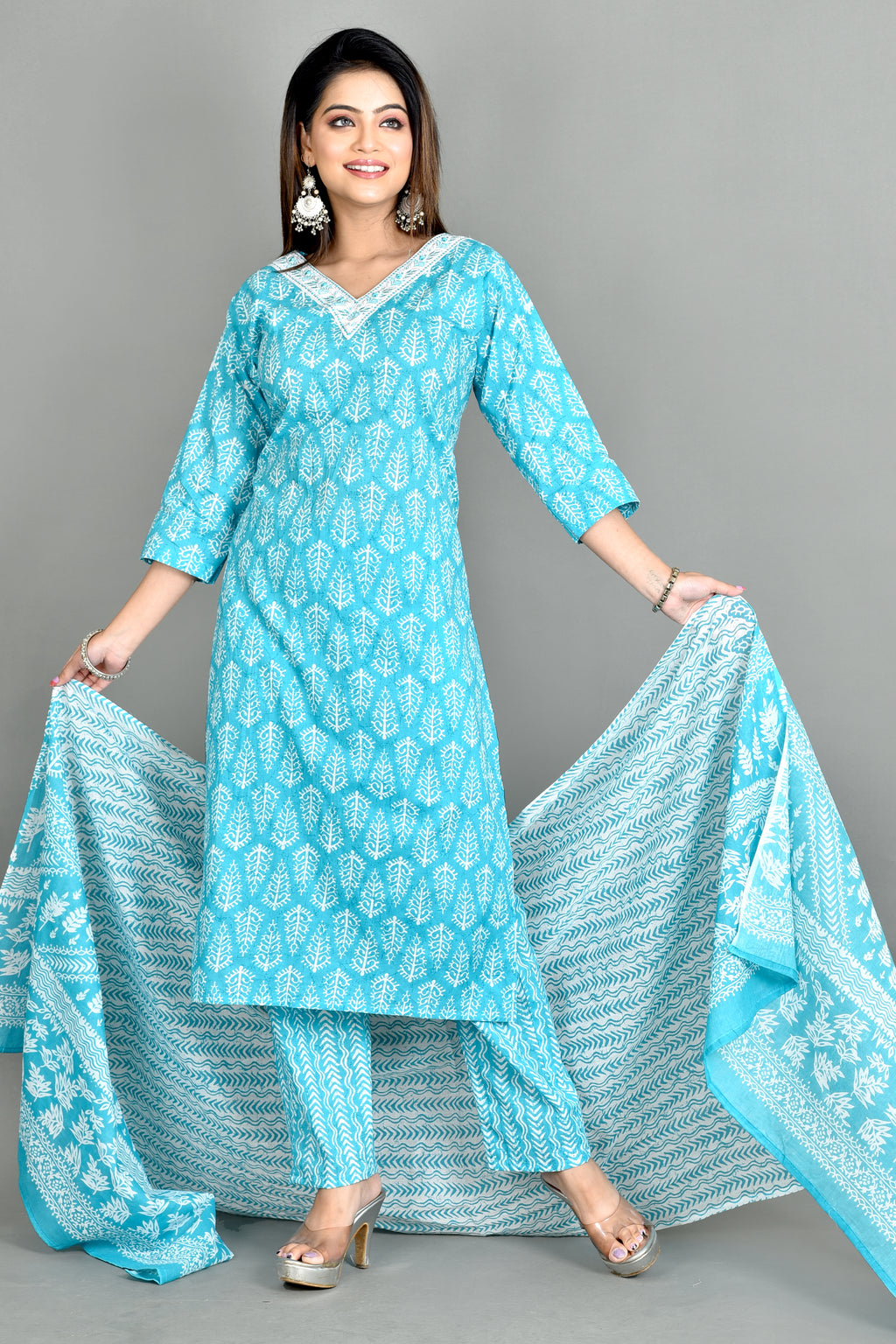 Aqua Blue Embroidered Kurta With Pant & Dupatta