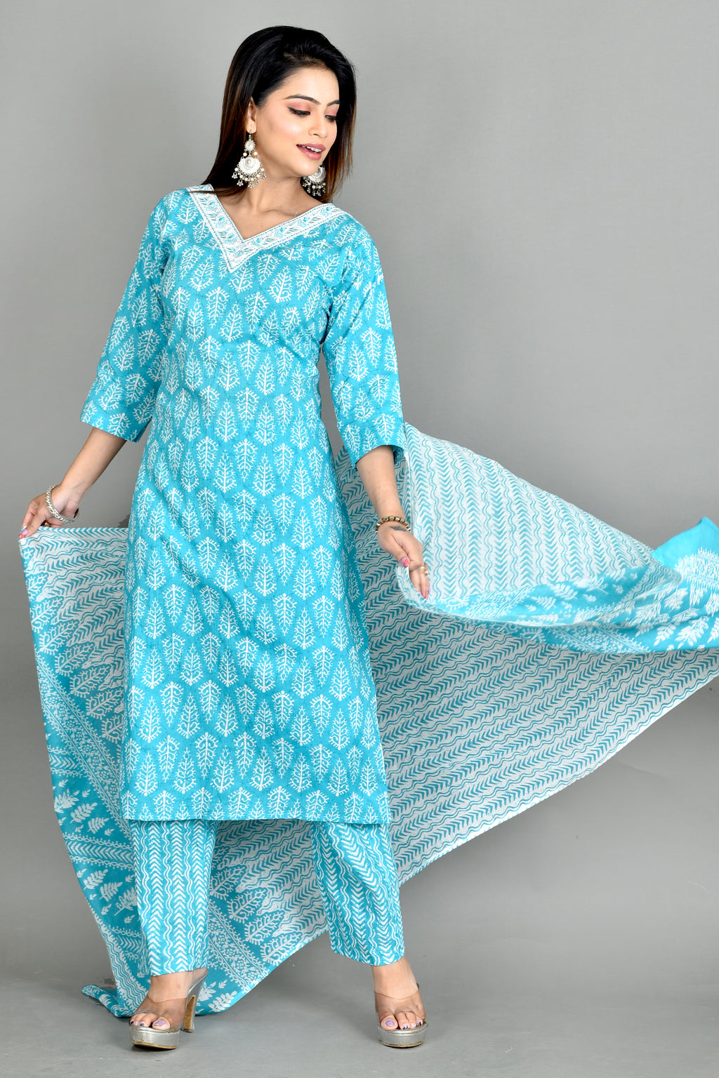 Aqua Blue Embroidered Kurta With Pant & Dupatta