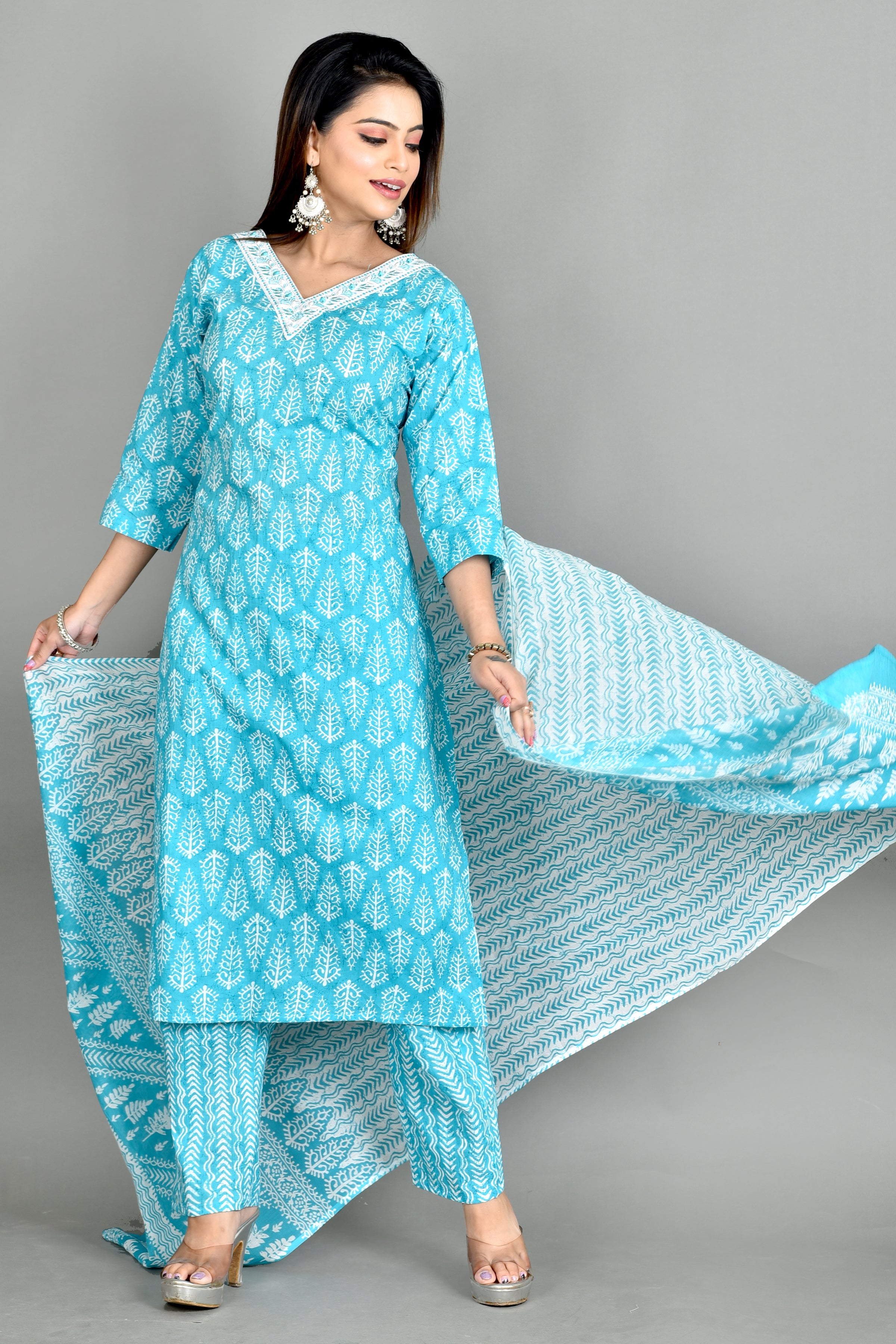Aqua Blue Embroidered Kurta With Pant & Dupatta
