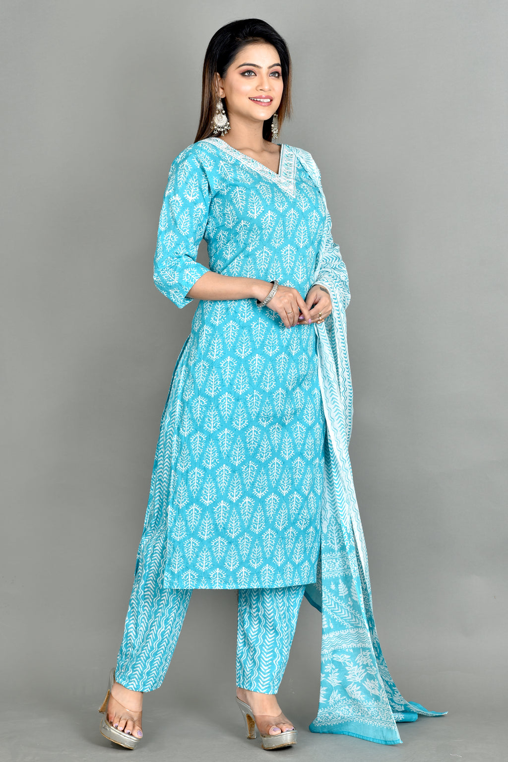 Aqua Blue Embroidered Kurta With Pant & Dupatta