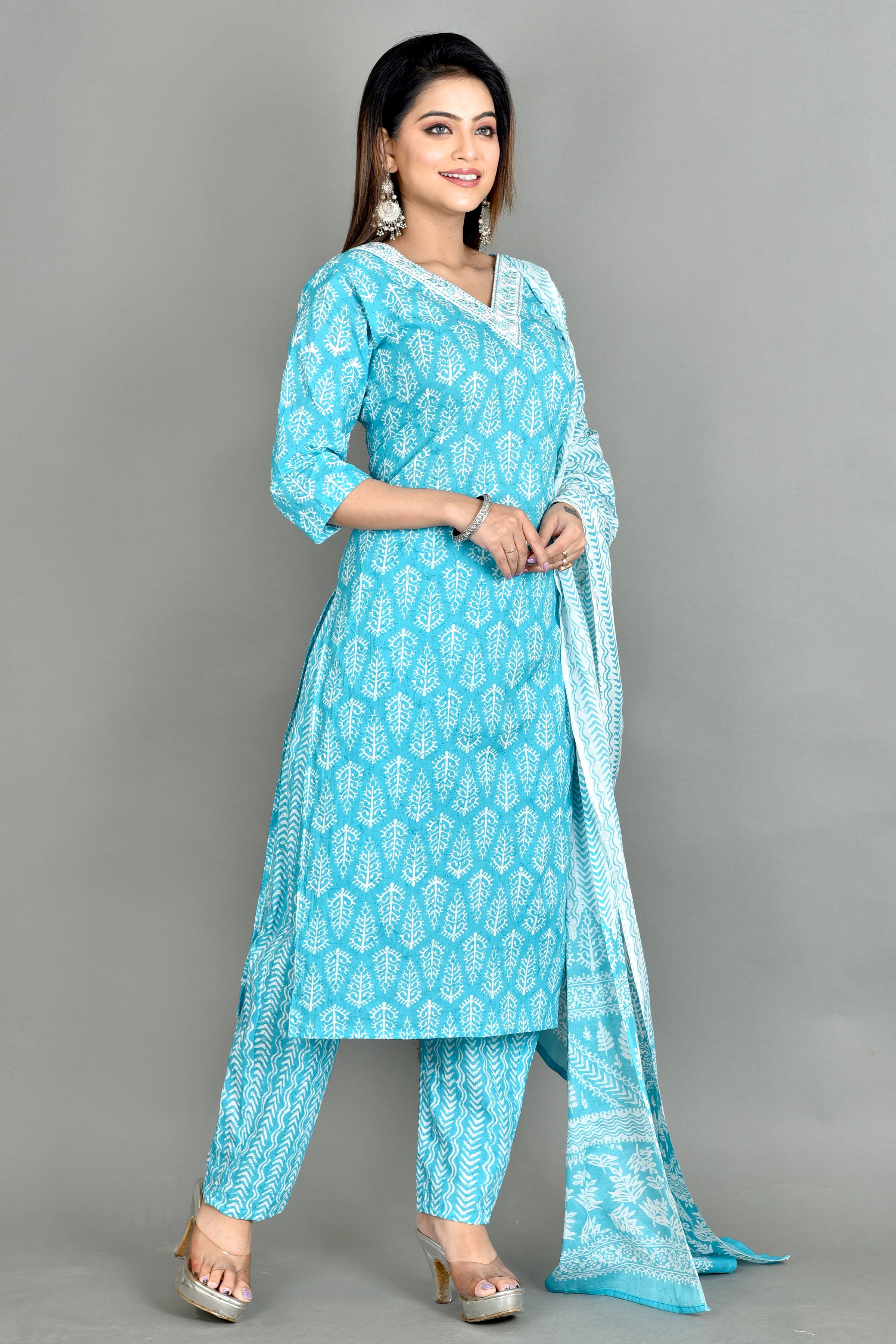 Aqua Blue Embroidered Kurta With Pant & Dupatta