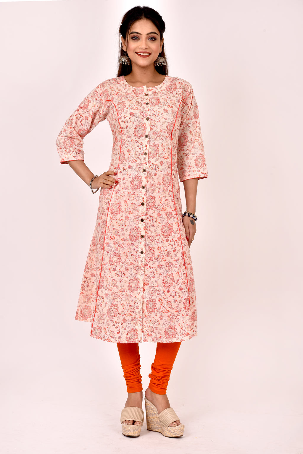 Peach Orange Floral Print A-Line Kurta