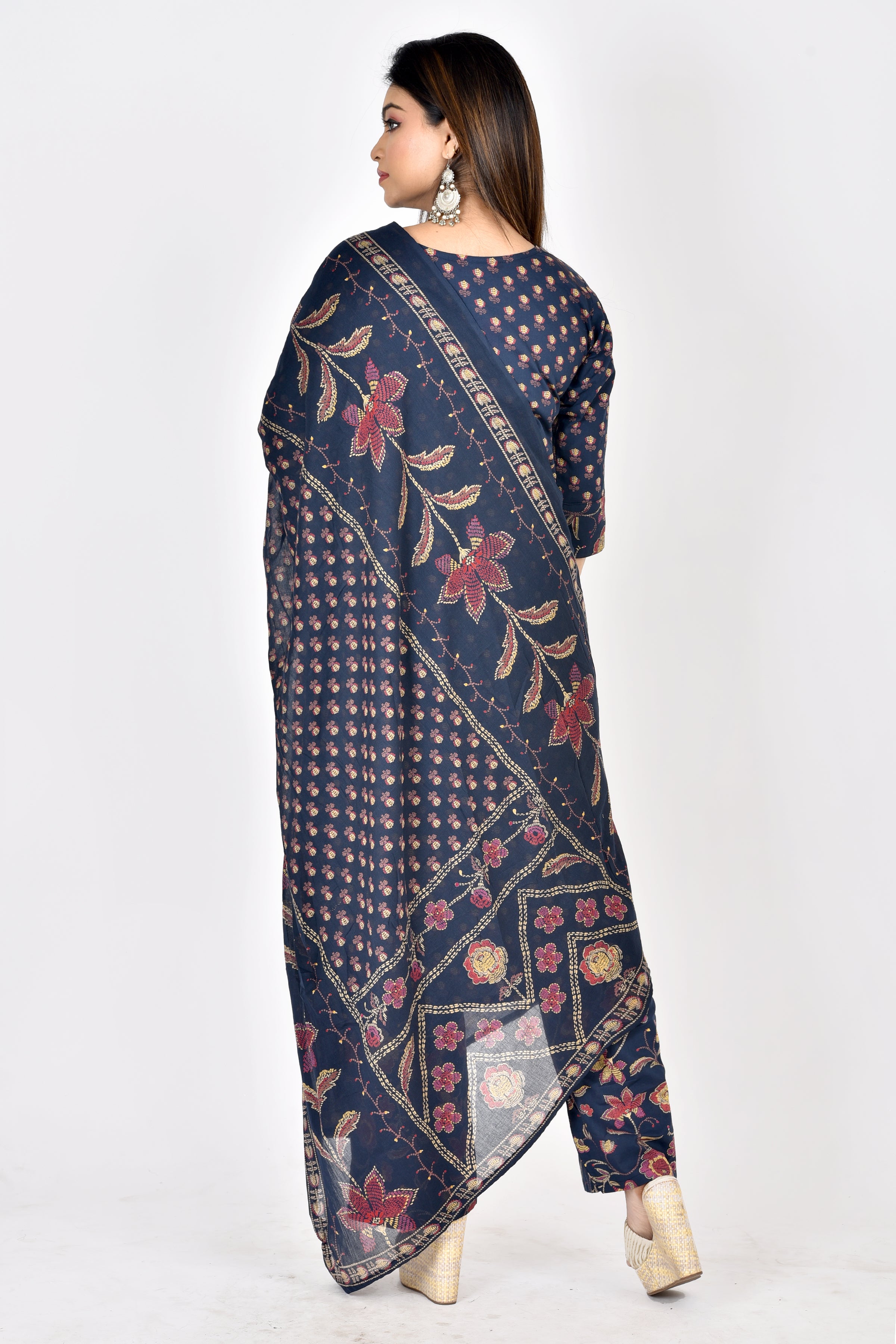 Navy Blue Mix-Match Floral Print Kurta With Pant & Dupatta