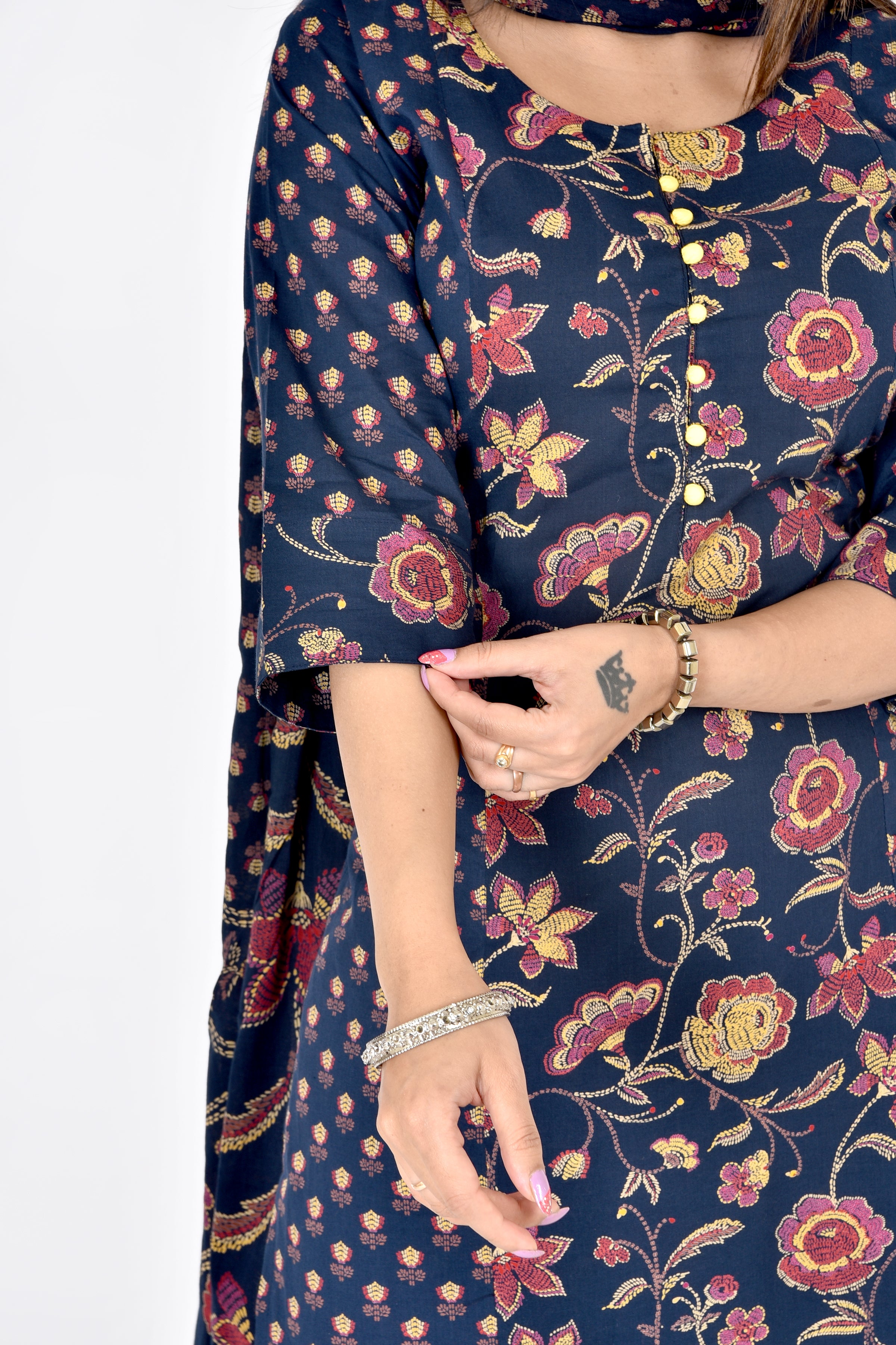 Navy Blue Mix-Match Floral Print Kurta With Pant & Dupatta