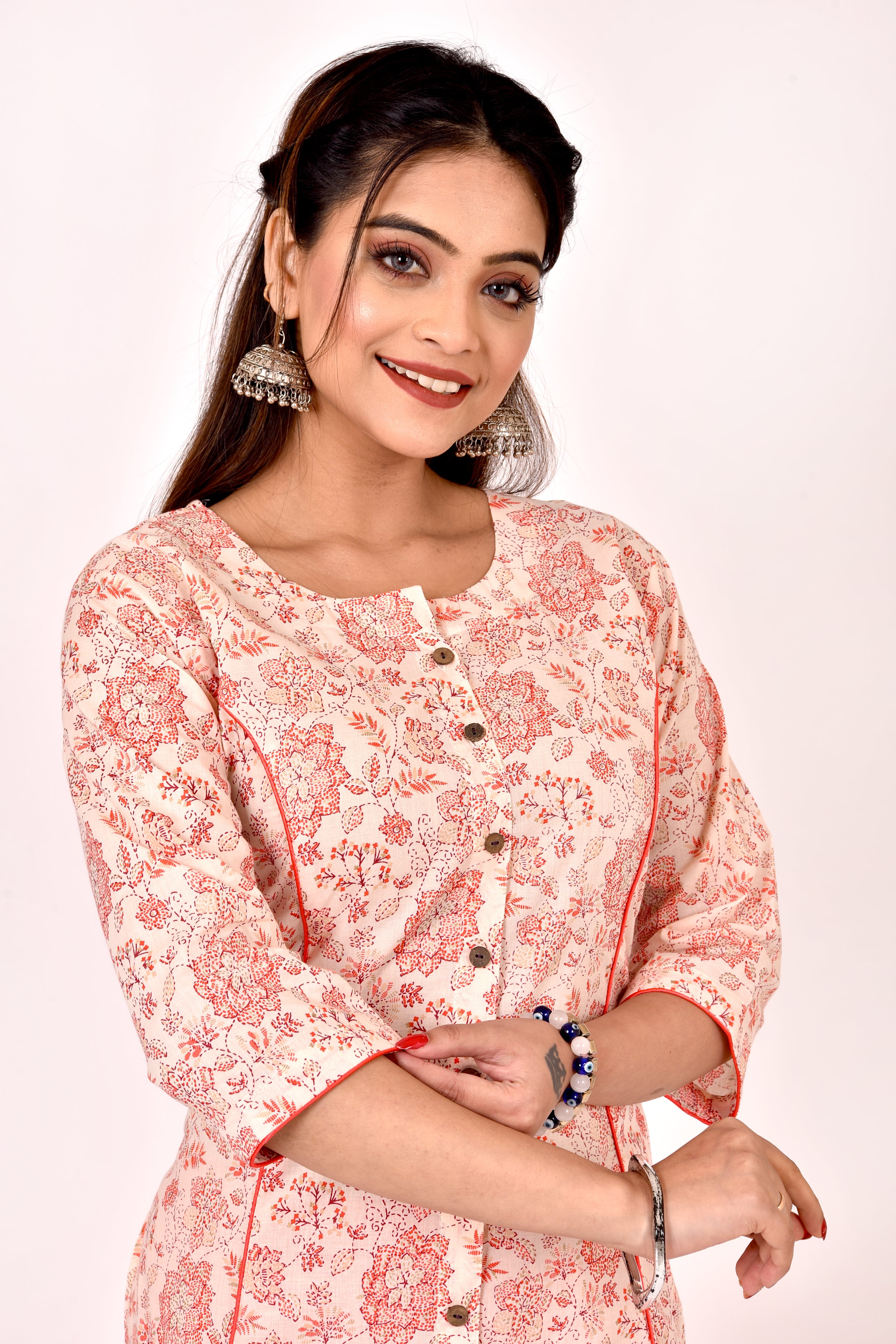Peach Orange Floral Print A-Line Kurta