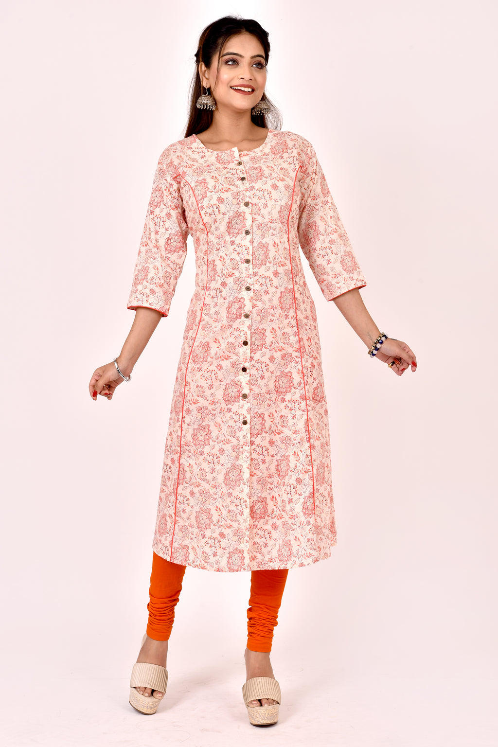 Peach Orange Floral Print A-Line Kurta
