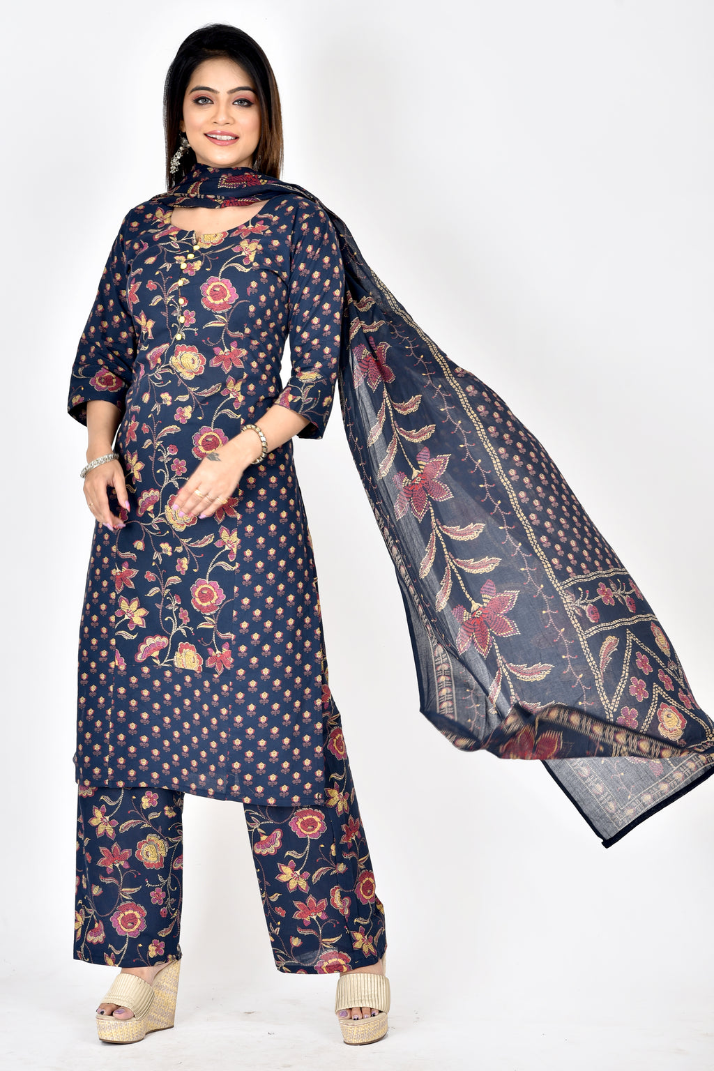 Navy Blue Mix-Match Floral Print Kurta With Pant & Dupatta