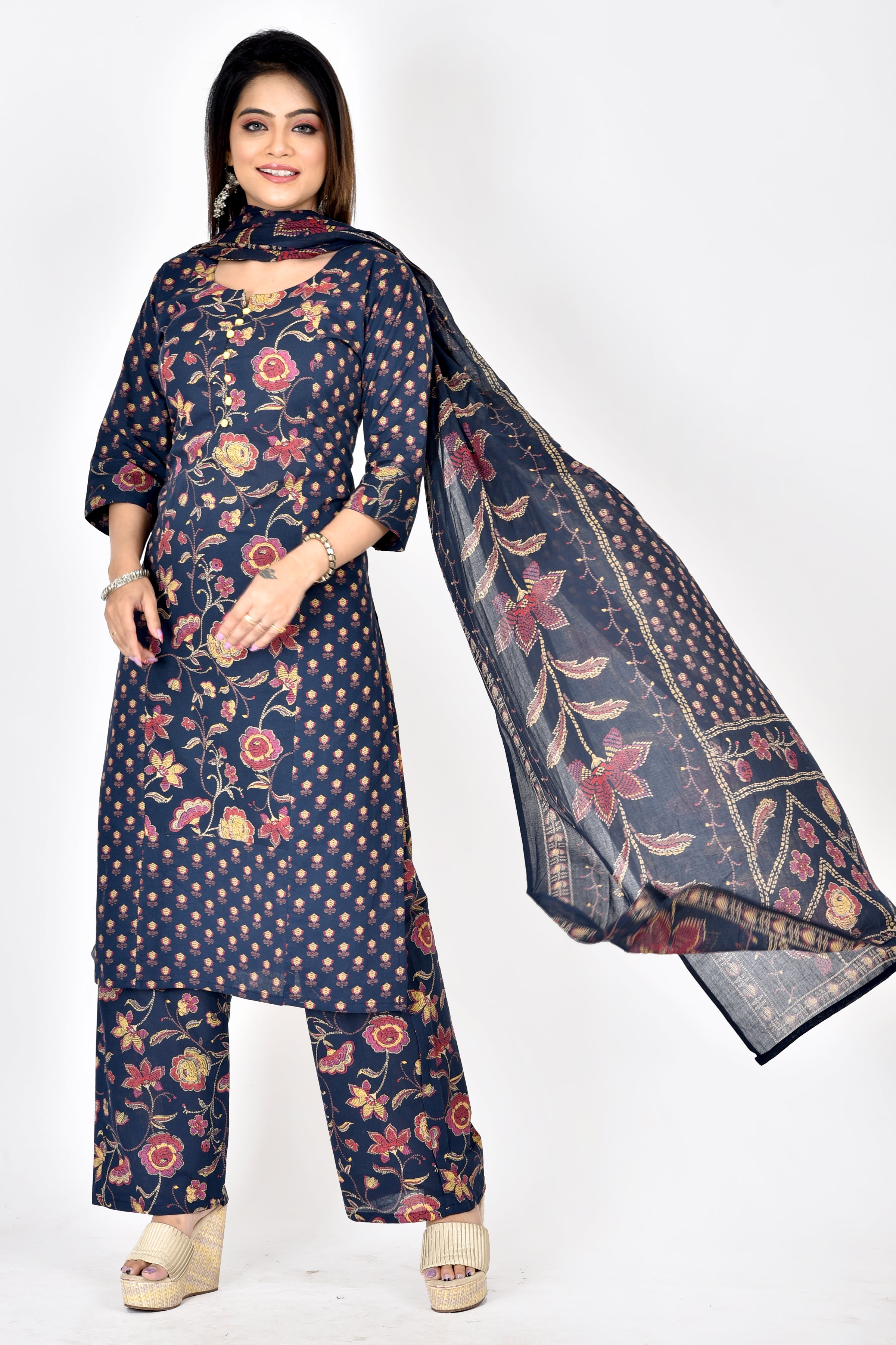 Navy Blue Mix-Match Floral Print Kurta With Pant & Dupatta