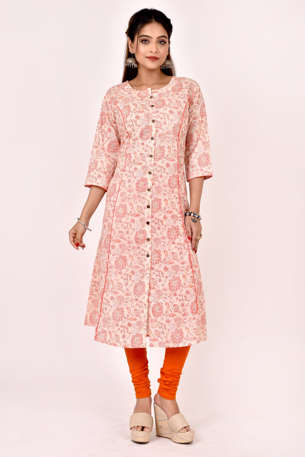 Peach Orange Floral Print A-Line Kurta