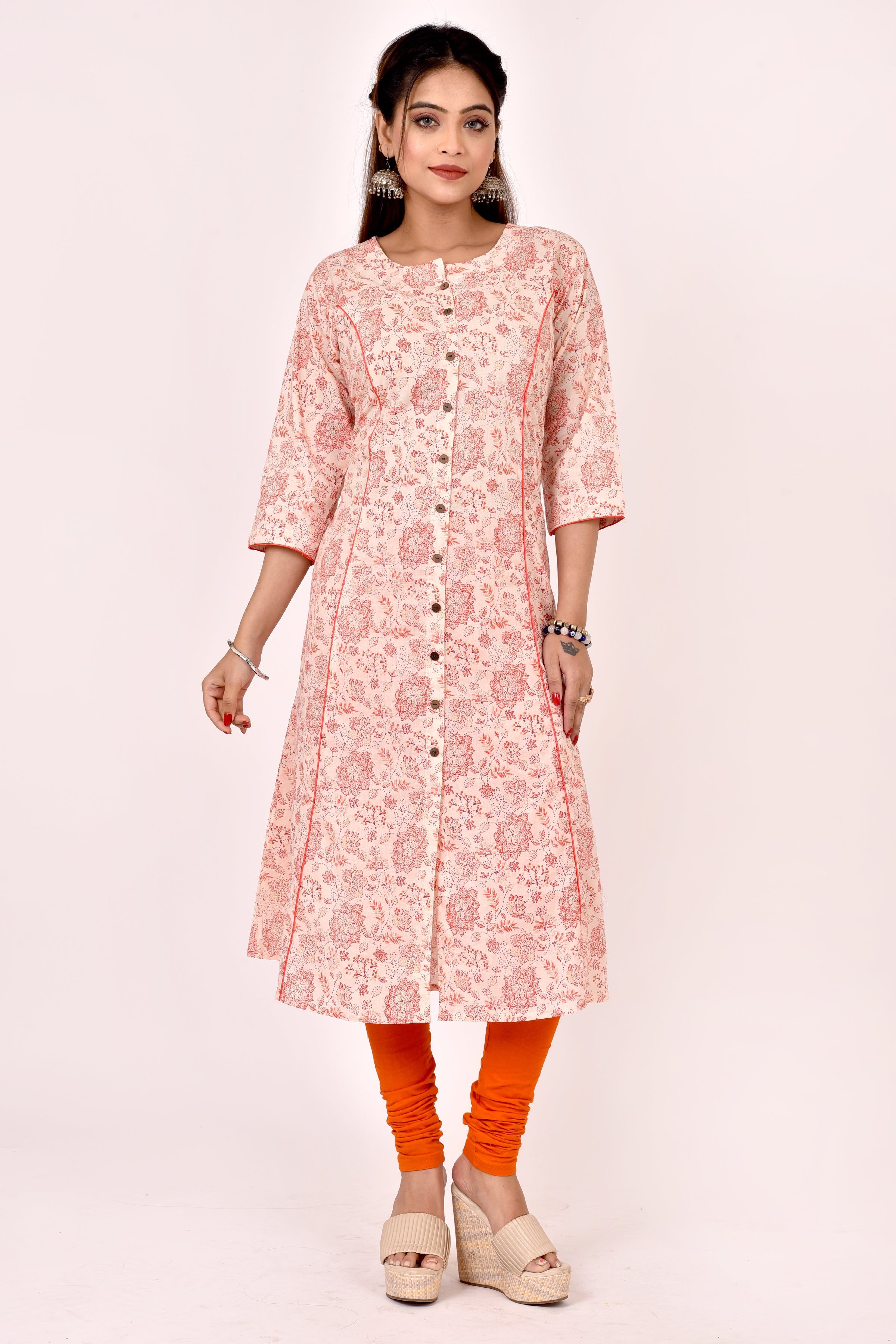 Peach Orange Floral Print A-Line Kurta