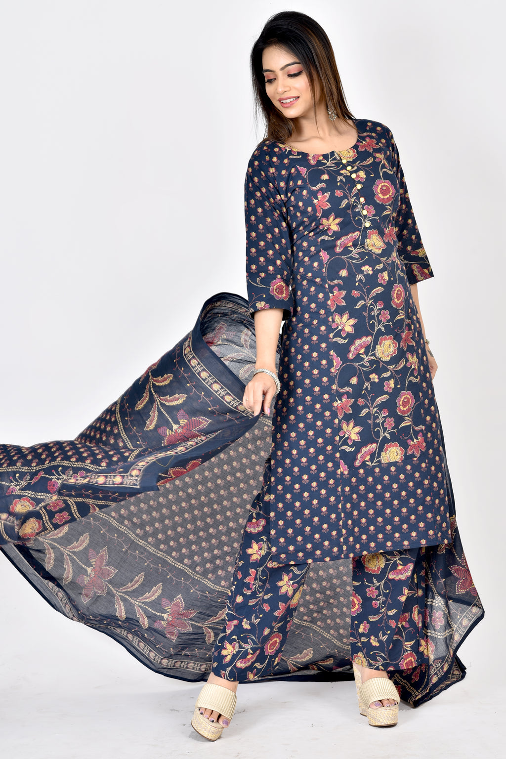 Navy Blue Mix-Match Floral Print Kurta With Pant & Dupatta