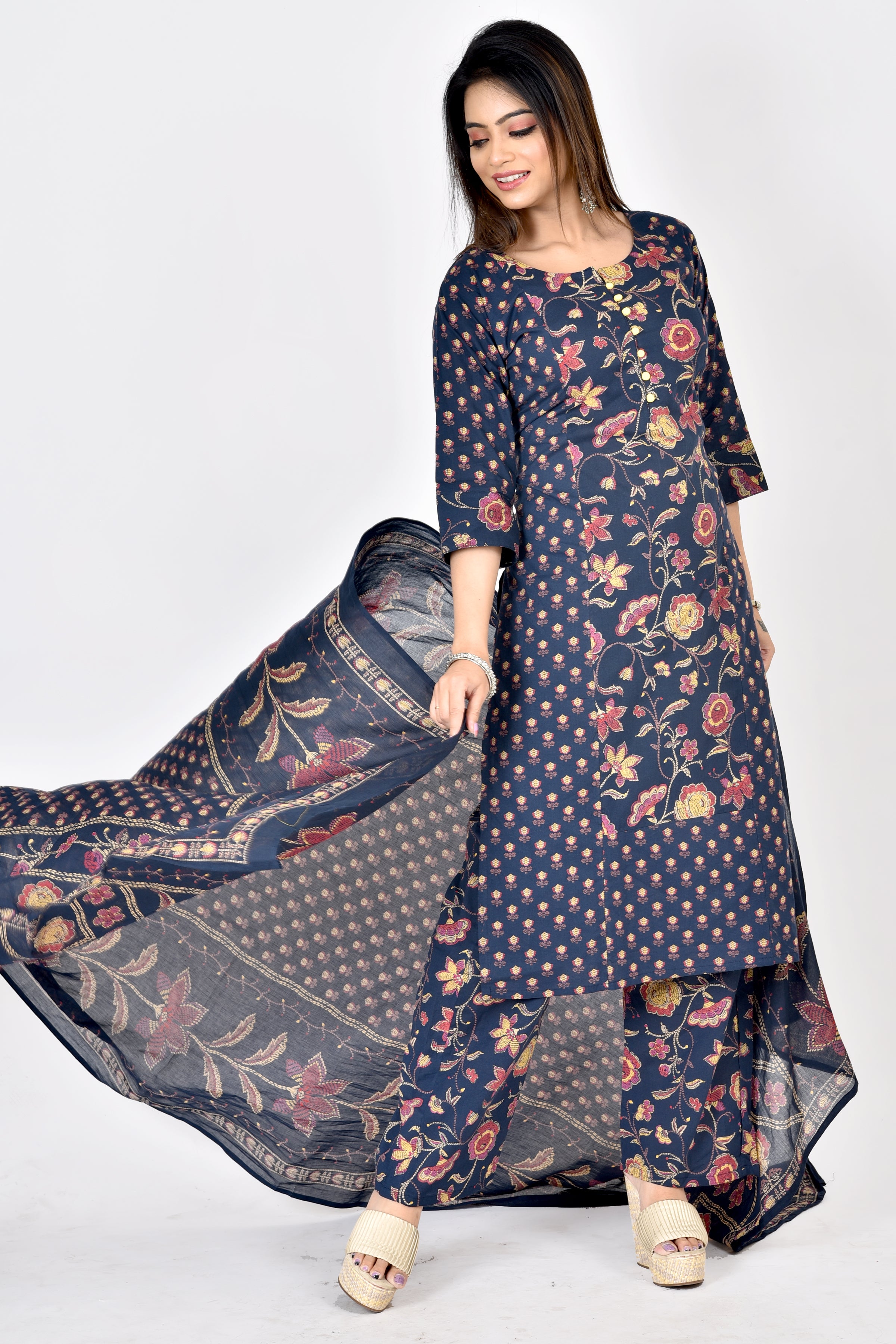 Navy Blue Mix-Match Floral Print Kurta With Pant & Dupatta