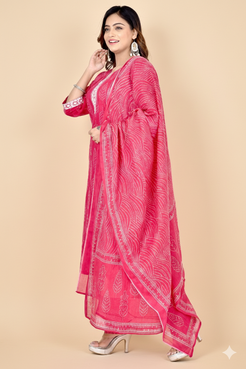Magenta Pink Embroidered Kurta With Pant & Dupatta