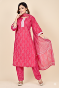 Magenta Pink Embroidered Kurta With Pant & Dupatta