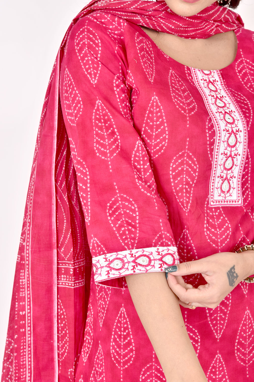 Magenta Pink Embroidered Kurta With Pant & Dupatta