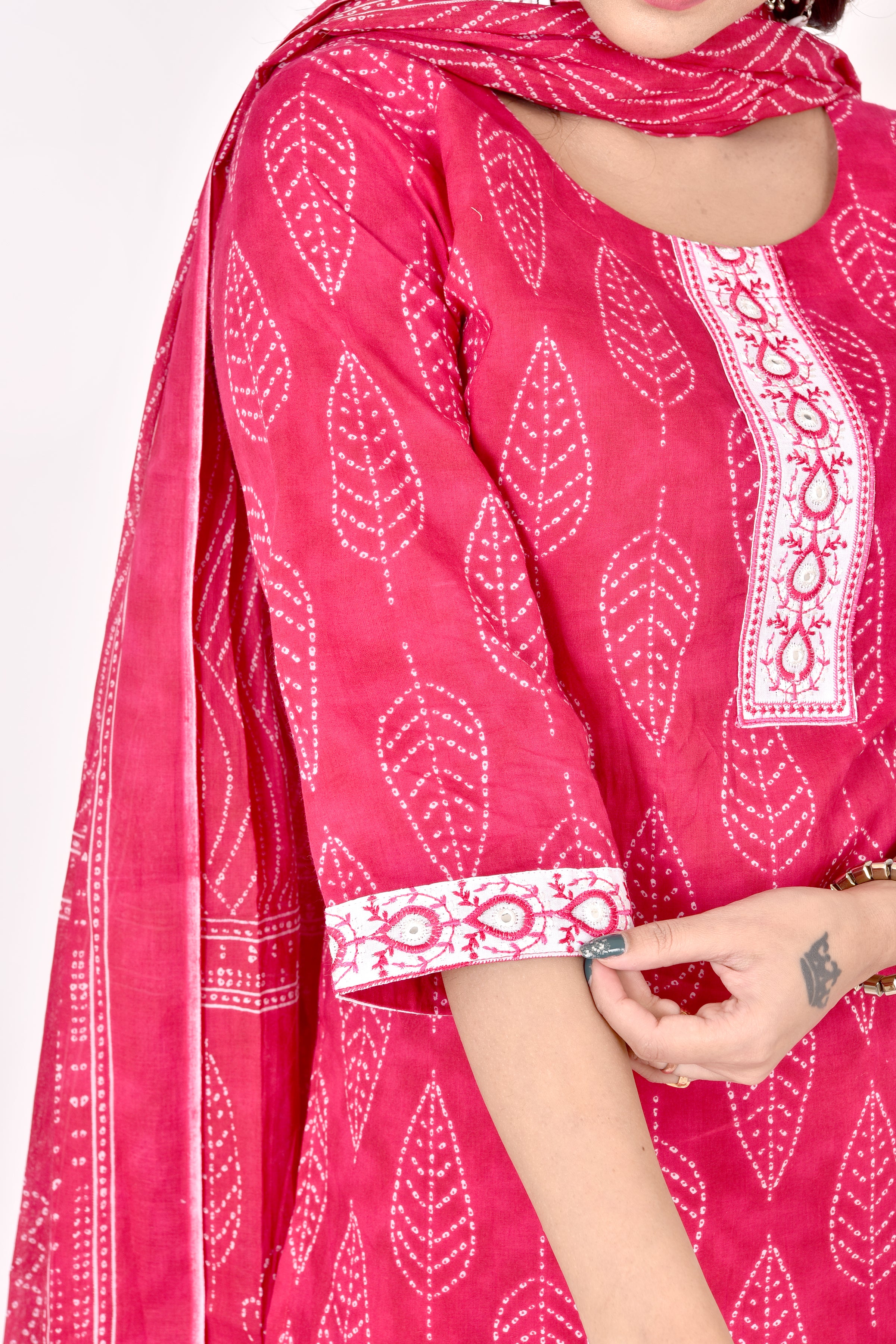 Magenta Pink Embroidered Kurta With Pant & Dupatta