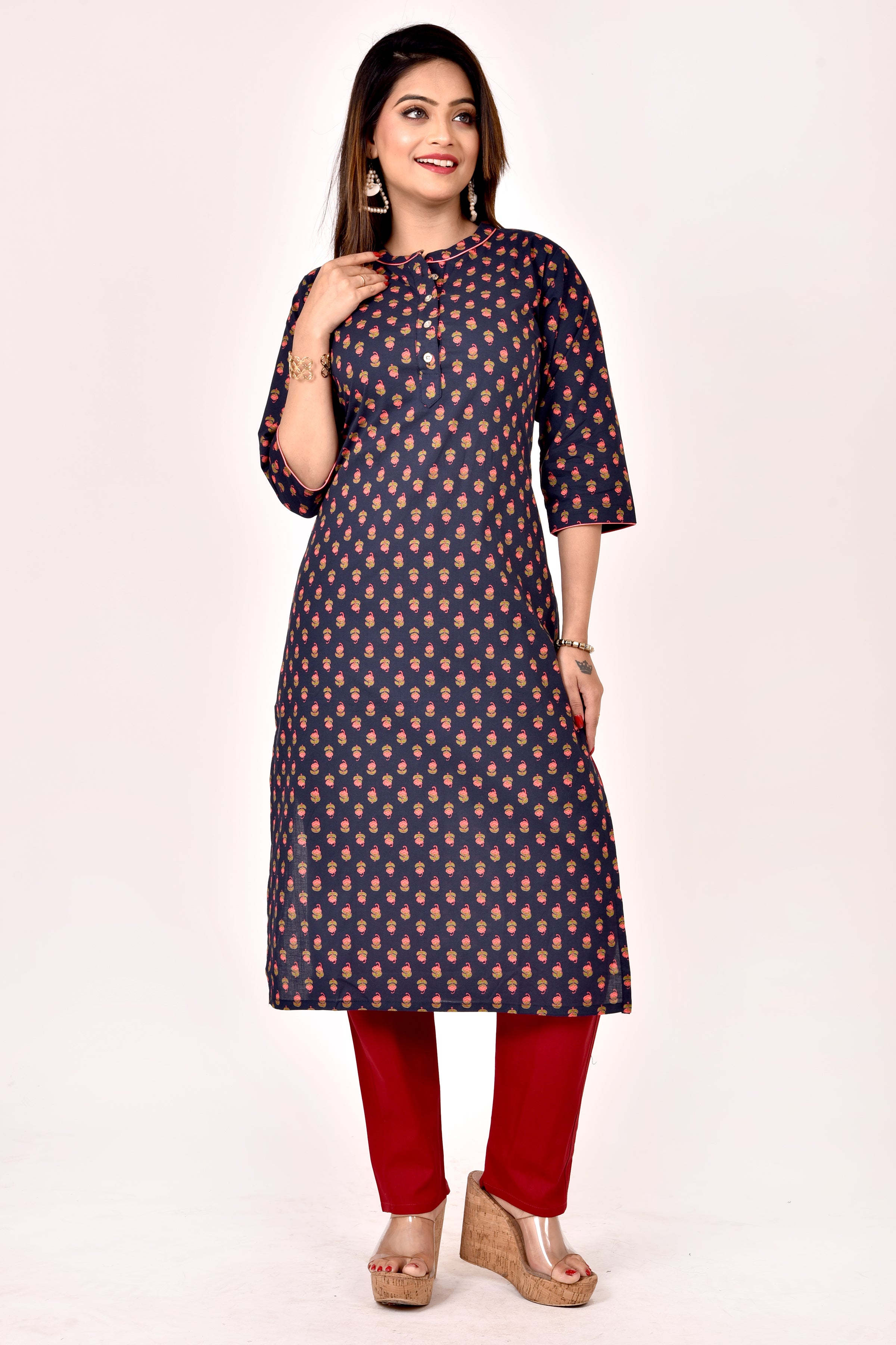 Blue Floral Print Straight Kurta