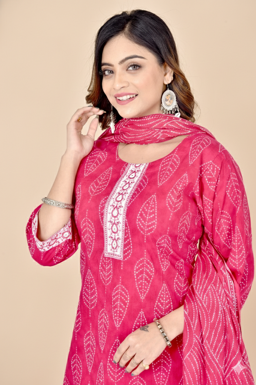 Magenta Pink Embroidered Kurta With Pant & Dupatta